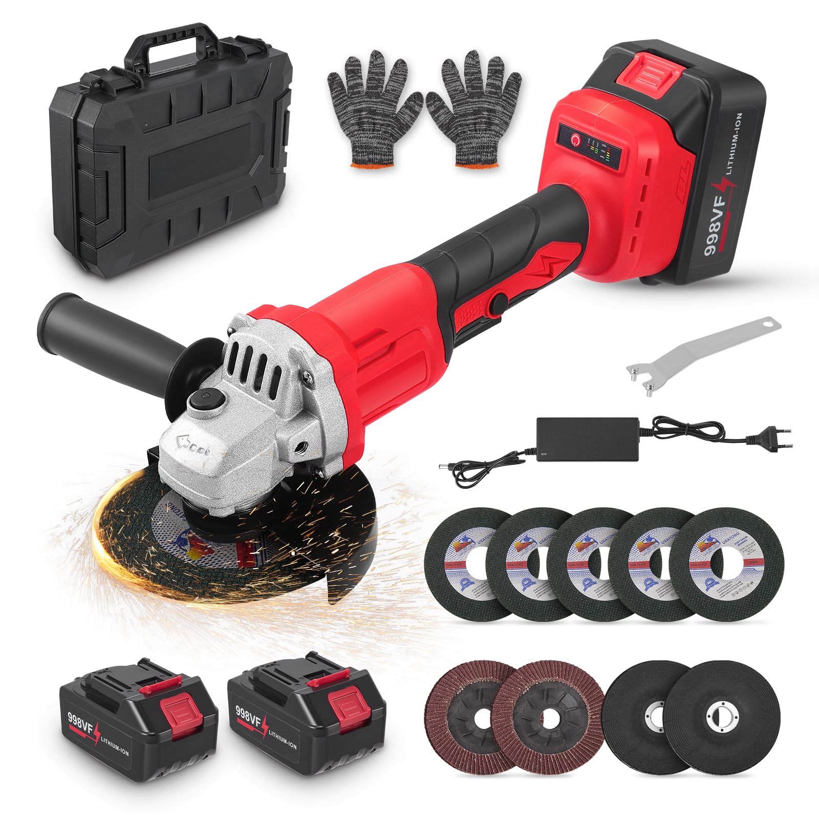 Smerigliatrice angolare a batteria brushless 21V, velocità fino a 13500 giri/min Inclusi dischi da taglio, dischi da sbavo e dischi per lucidatura Dotata di due batterie da 21V 3,0Ah Diametro 125 mm