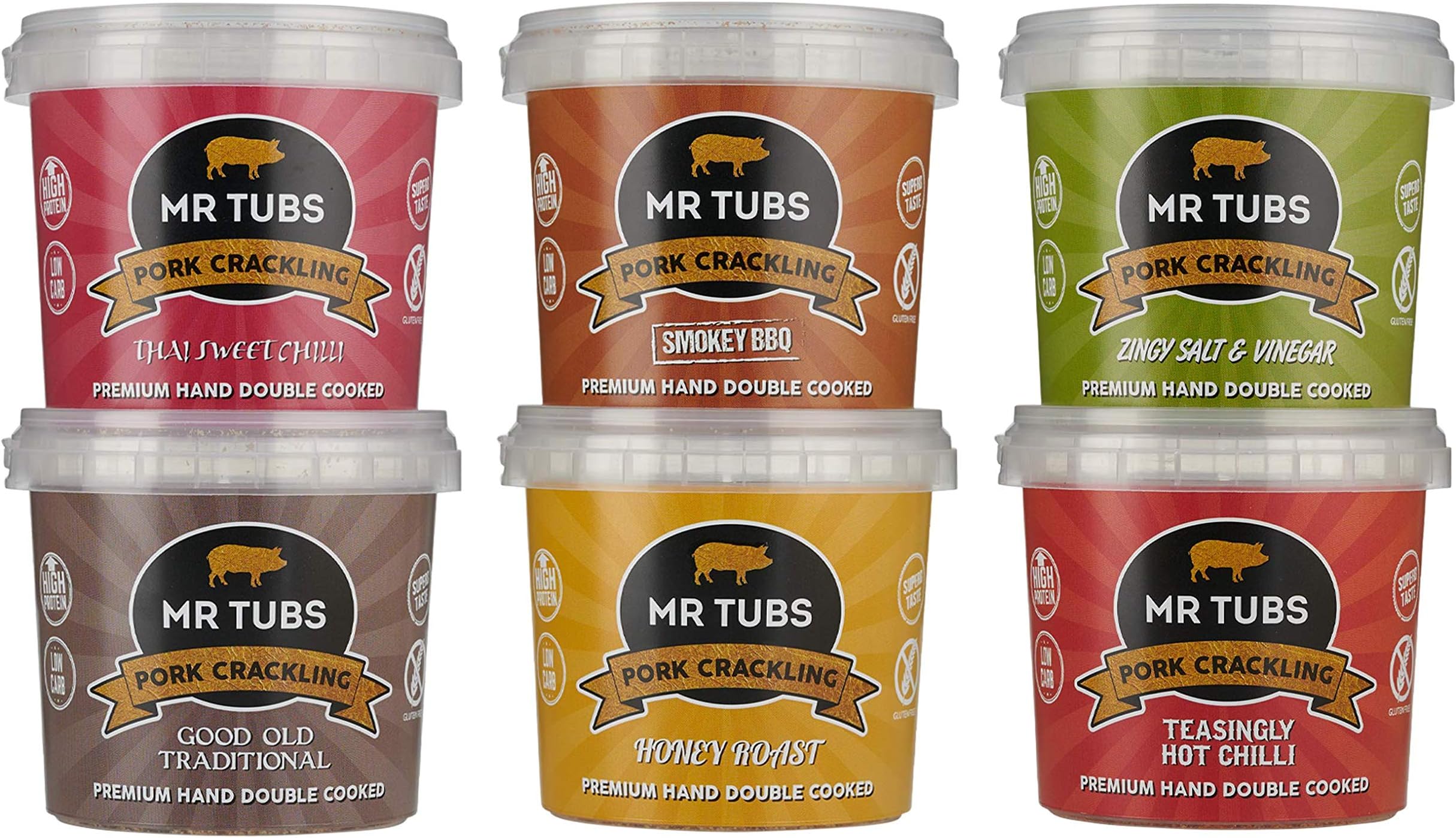 Mr Tubs Pork Crackling (6 Tub Pack) - Mixed Flavours of Premium, Double Hand Cooked, Crackling - Ideal Gluten Free, Low Carb, Keto & Paleo Friendly Meat Rind Pork Scratchings Snack (6 x 55g Tubs)