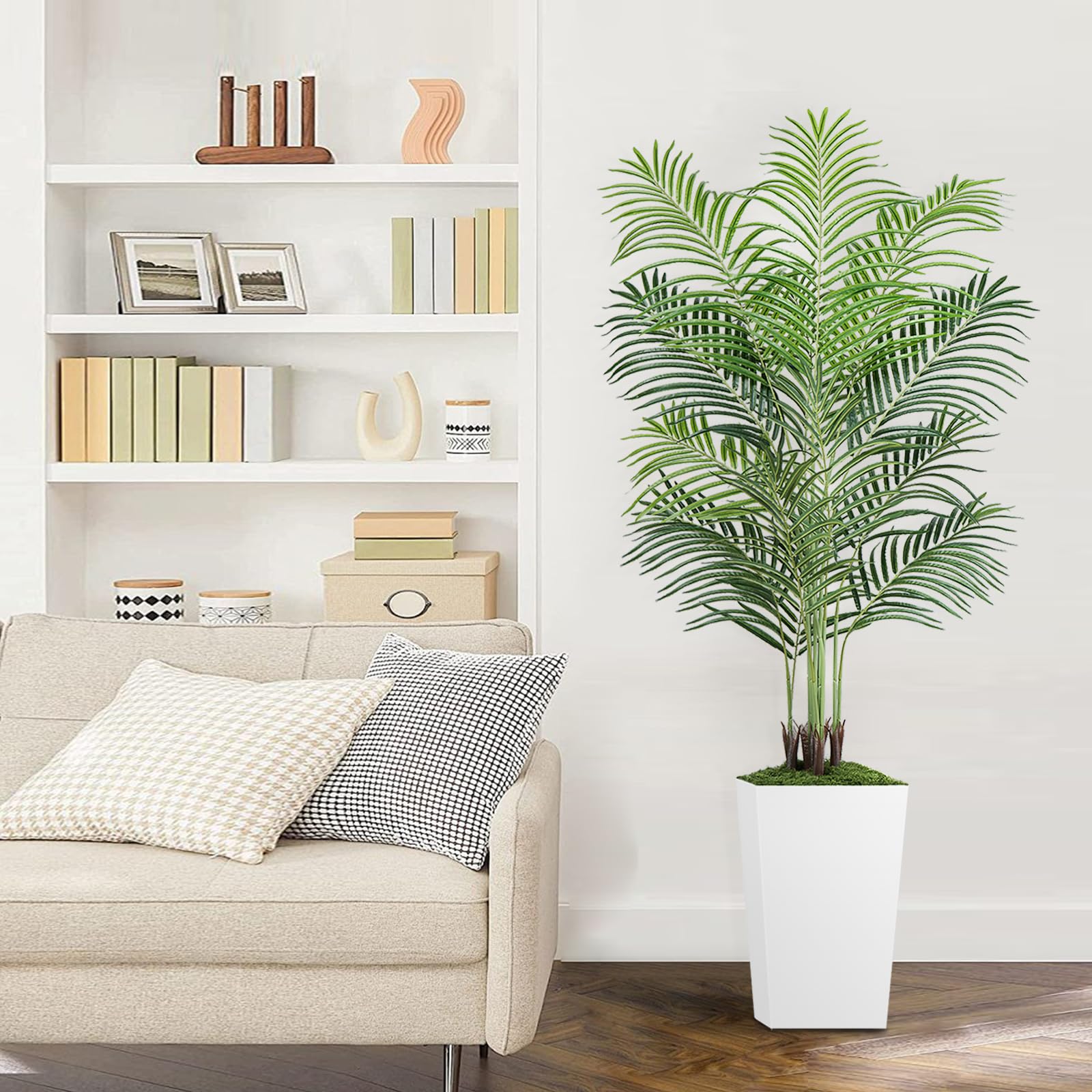 Palmier Artificiel de 1,8 m avec Pot Blanc – Grand Faux Palmier Tropical en Pot avec véritable écorce pour la Maison, Le Bureau, Le Salon, la Chambre, la Ferme et la décoration Moderne