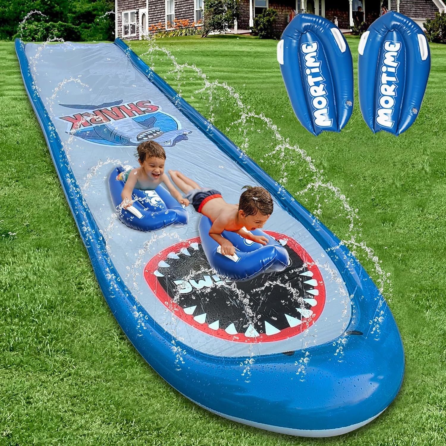 MorTime Slip Water Slide with Sprinklers, 22.5ft Shark Waterslide Slip and Slide with 2 Inflatable Bodyboards for Kids Garden Backyard Outdoor Lawn Water Toy