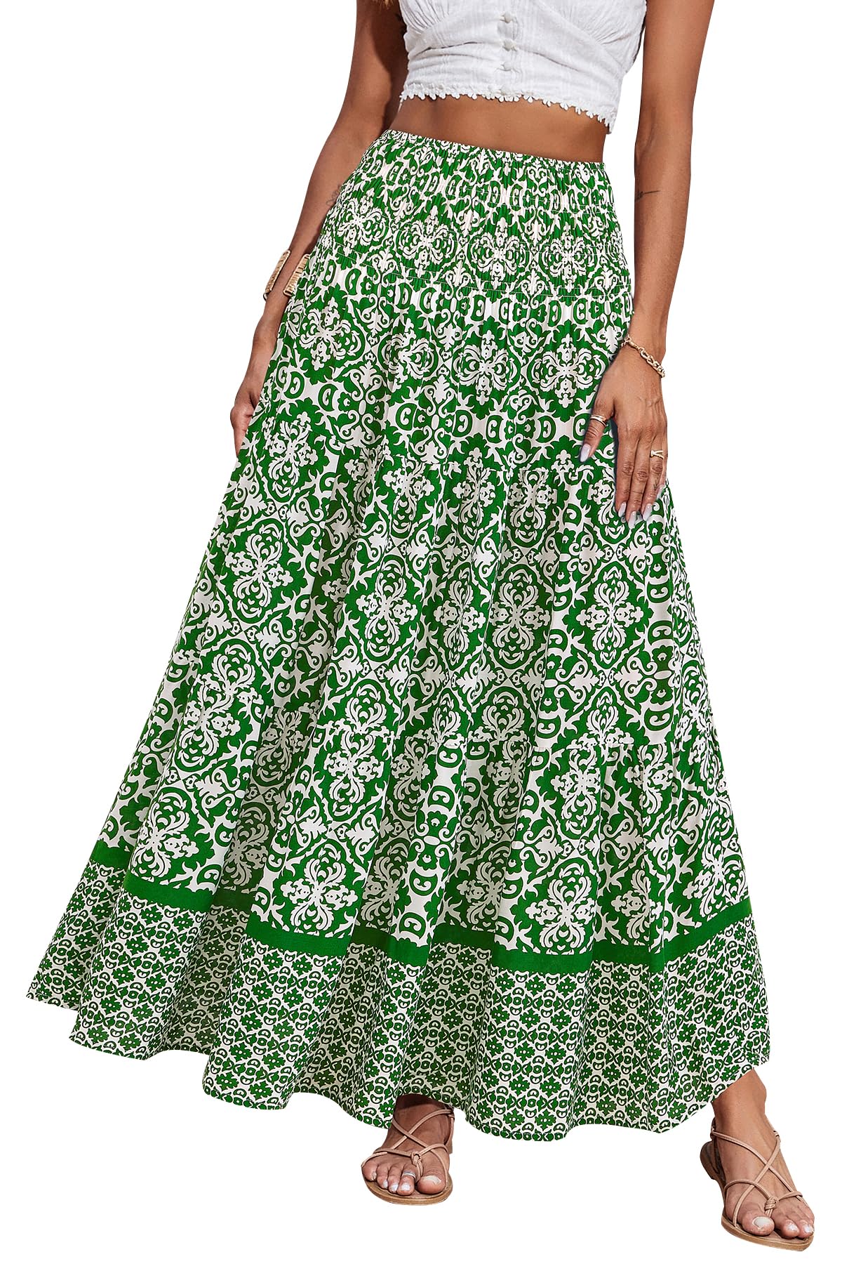 CFLONGE Women's 2025 Bohemian Long Skirts Flowy High Waist A Line Maxi Skirts for Women Summer Pleated Mini Skirts