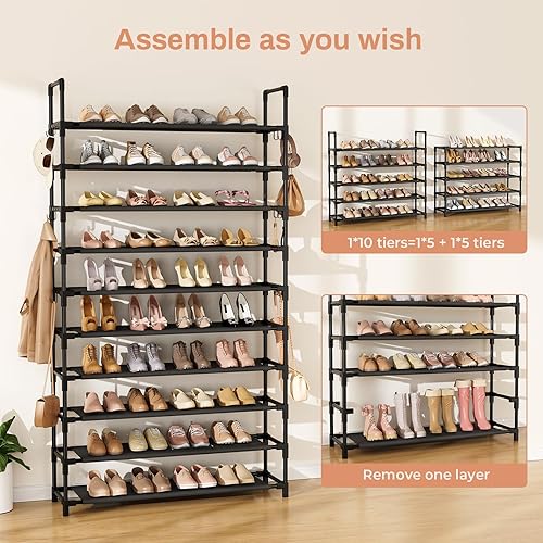 Miniatura 6 de Zapatero alto de 10 niveles, organizador de zapatos grande con 18 ganchos de almacenamiento para 50 pares, organizador vertical apilable para