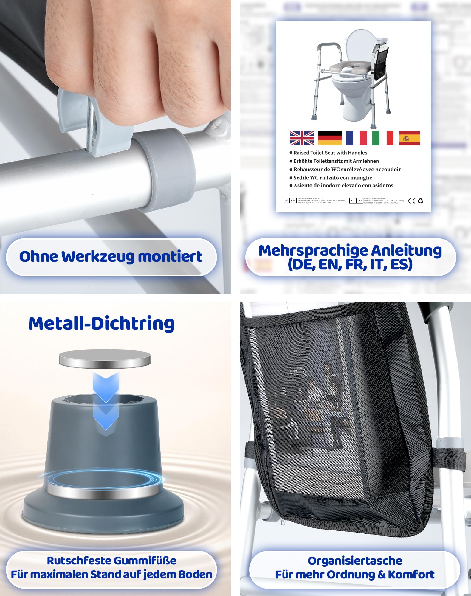 Toilettensitzerhöhung mit Armlehnen WC Sitzerhöhung Aufstehhilfe Toilettenaufsatz für Senioren Erhöhter Toilettensitz mit verstellbarer 8-Stufen Höhe/4-Stufen Breite Toilettenerhöhung bis zu 180kg