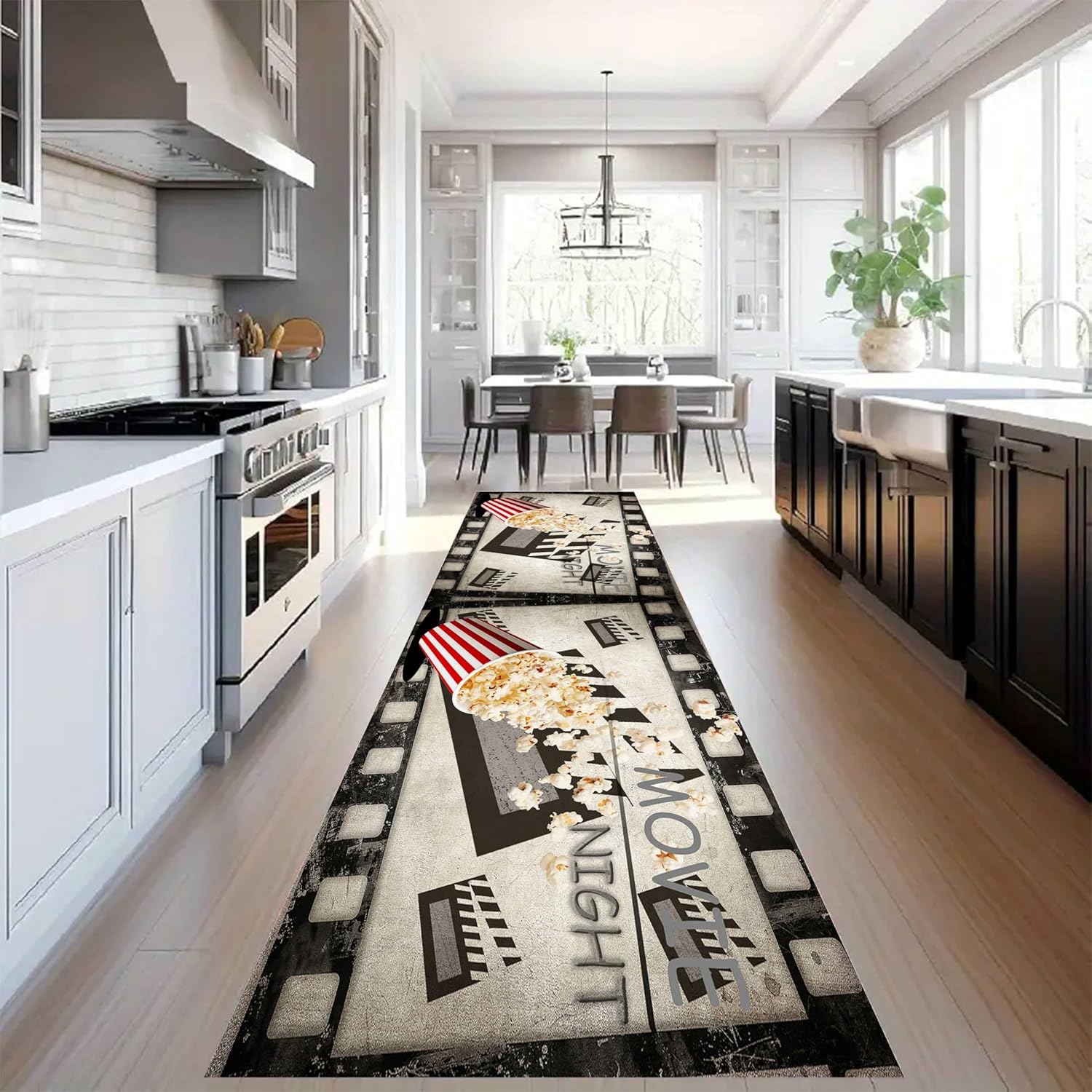 Vintage Movie Theater Runner Rug, 1.3x7ft, Black and White Movie Theme - Non-Slip Carpet Runner with Clapperboard Pattern for Nostalgic Retro Style Decor - Long Hallway Entry Rug