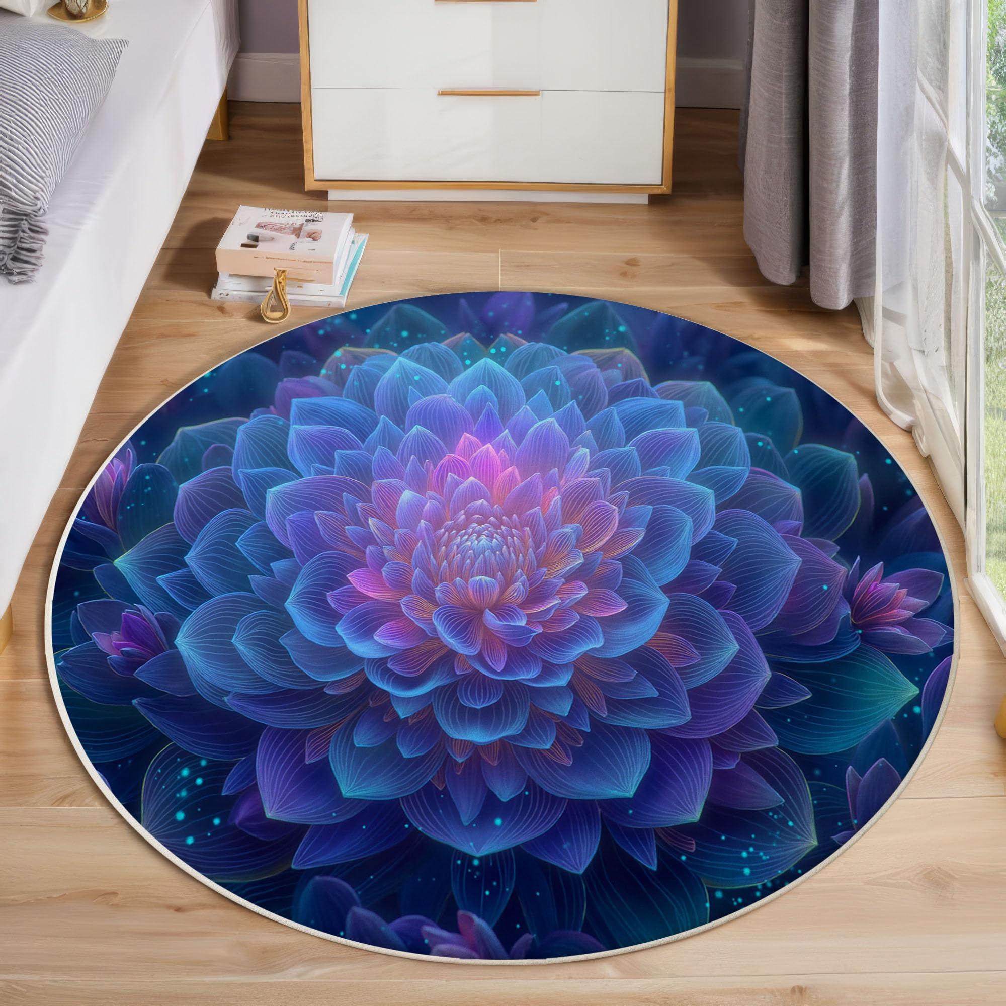 Néon Mandala Tapis Rond Salon 180cm, Art Psychédélique Abstrait Antidérapant Poils Courts Tapis De Sol Ronds Décoration, pour Salon Chambre Cuisine Balcon Terrasse, Bleu