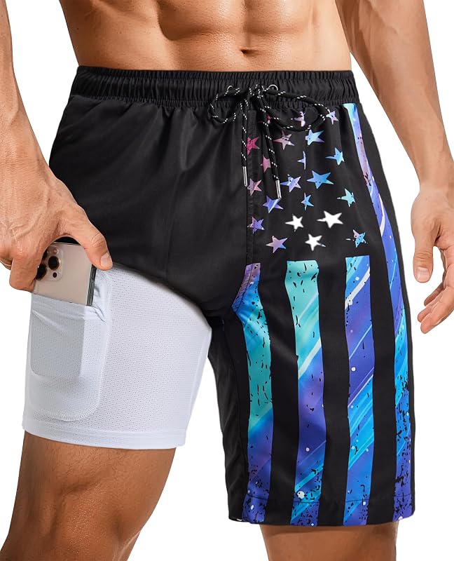 Gleeease 9 Inch Mens Swim Trunks with Compression Liner Mens Bathing Suit | Swim Shorts Men Side Velcro Pocket Quick Dry 4-Way Stretch Waterproof Beach UPF 40+ Drain Holes No-chafe Board Shorts Men's