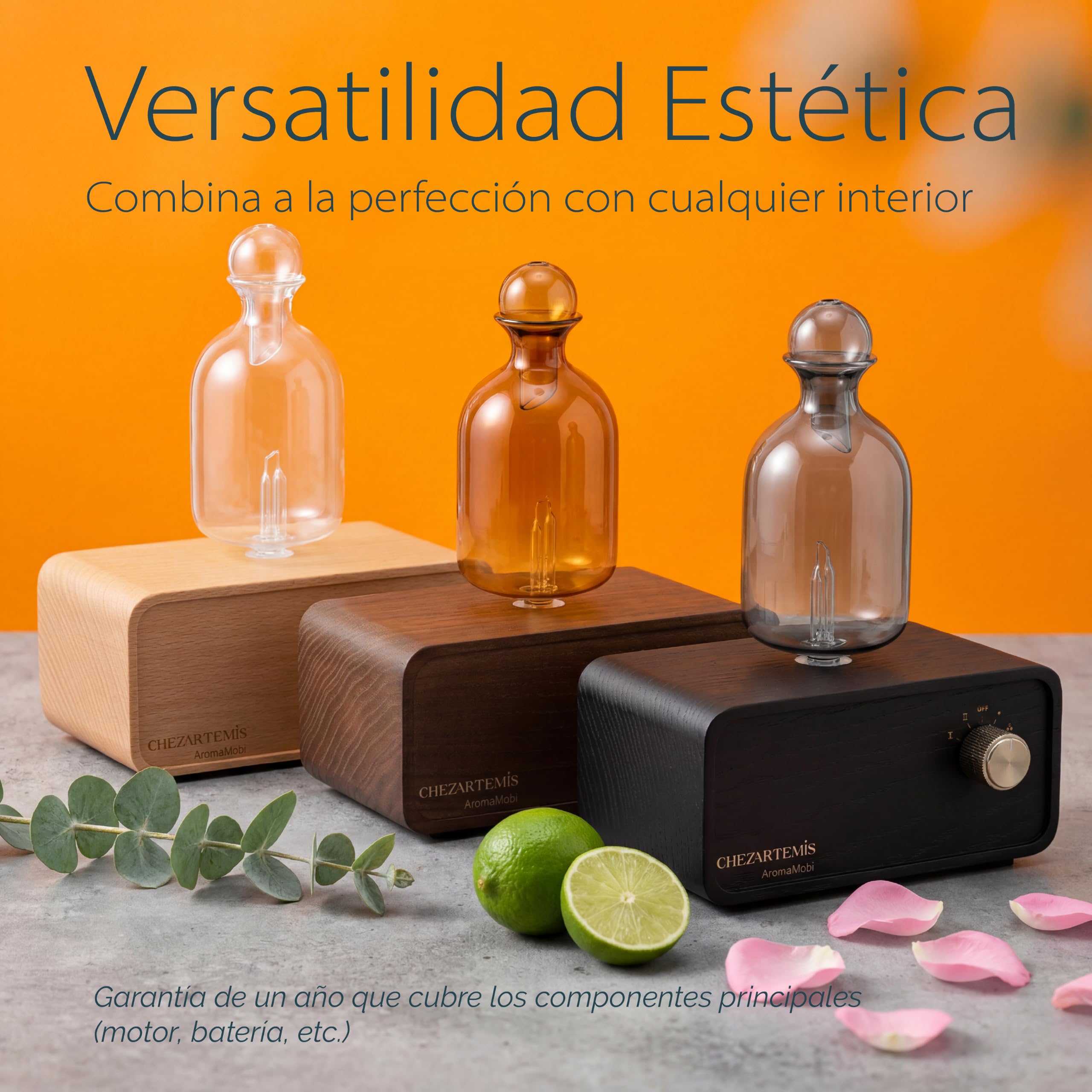 Ember Difusor de Aceites Esenciales Sin Agua, Nebulizador de Vidrio Ámbar con Base de Madera Marrón, Difusor Inalámbrico con 4 Temporizadores y Luz LED, Portátil para Hogar Oficina y Yoga