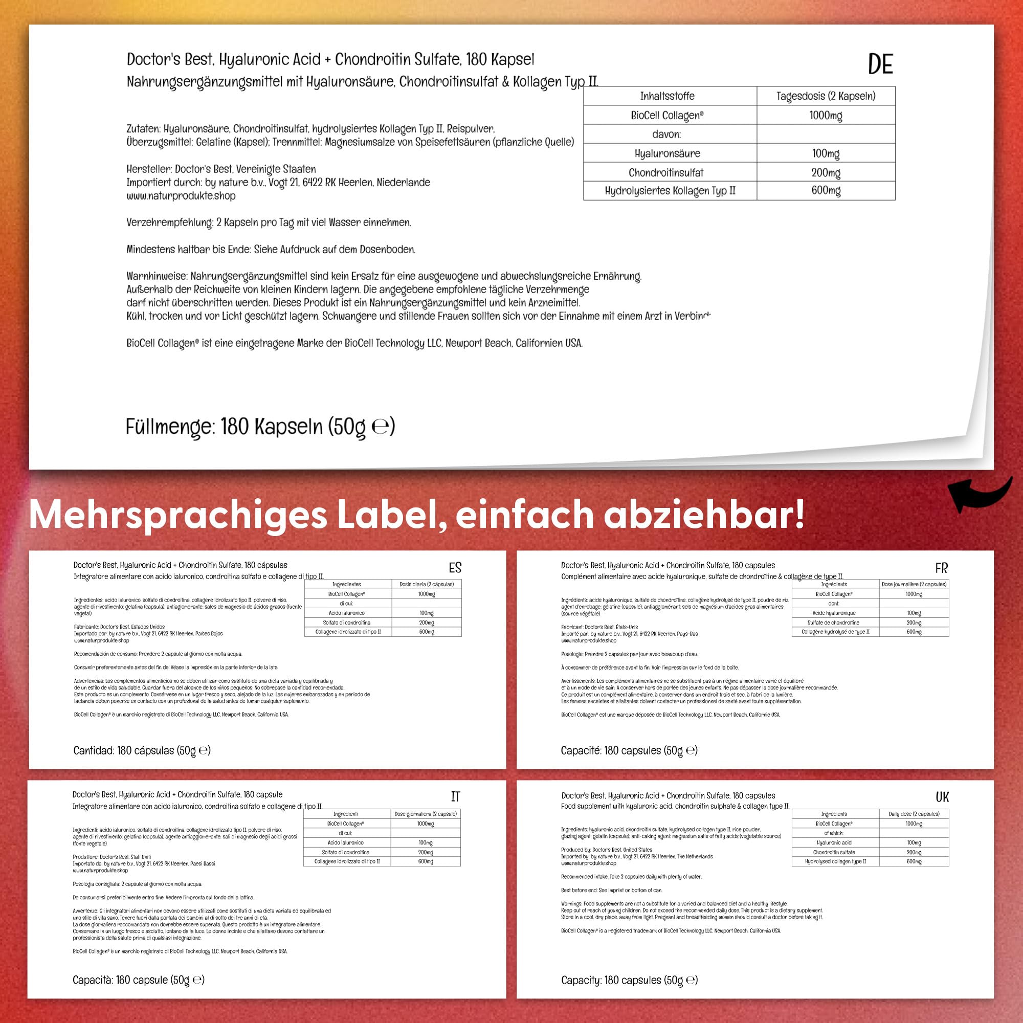 Doctor's Best, Hyaluronsäure mit Chondroitinsulfat und Collagen, 180 Kapseln, Laborgeprüft, Glutenfrei, Sojafrei