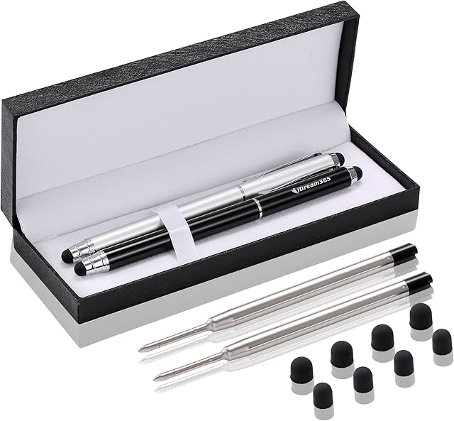 Stylus,iDream365(TM) 2pcs 3-in-1 Stylus Pen(5.7" Length,Stainstainless Steel) for All Capacitive Touch Screen Smartphones,Tablets PC(Extra 2 Refills+8 Rubber Tips) With Gift Box-Black&Silver