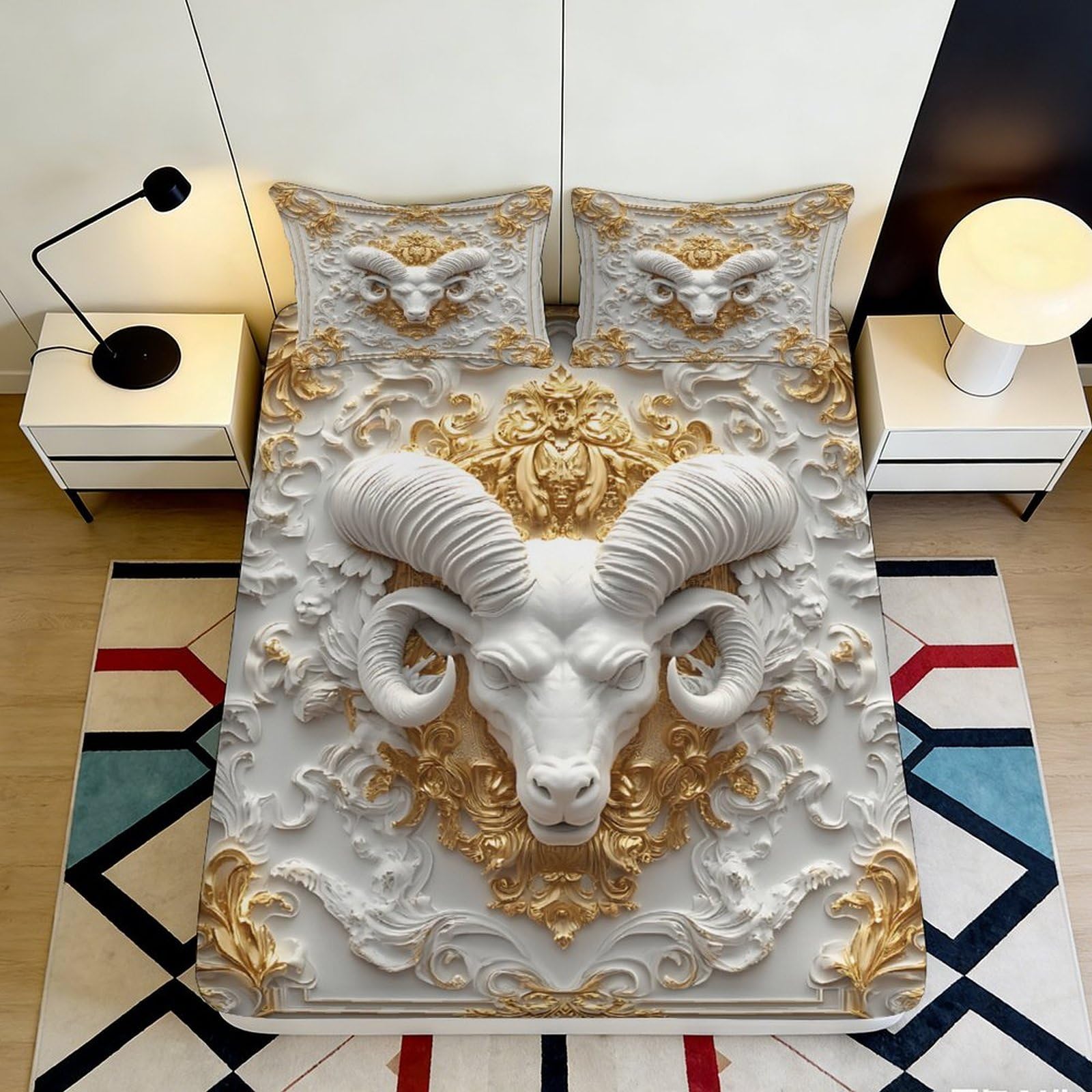 3D Printed Baroque Ram Head Fitted Sheet Microfiber Non-slip Artistic Mattress Cover Bedroom Decor 90x200x25cm