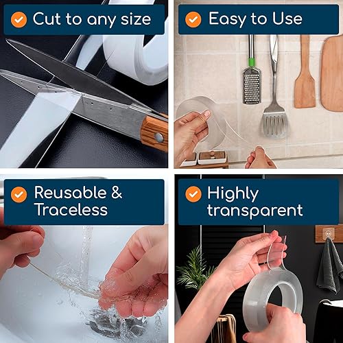 Miniatura 4 de GLUIT Cinta de doble cara resistente de 17.5 libras, reutilizable, extraíble, lavable, multiusos, cinta de agarre de gel, cinta de alfombra para el