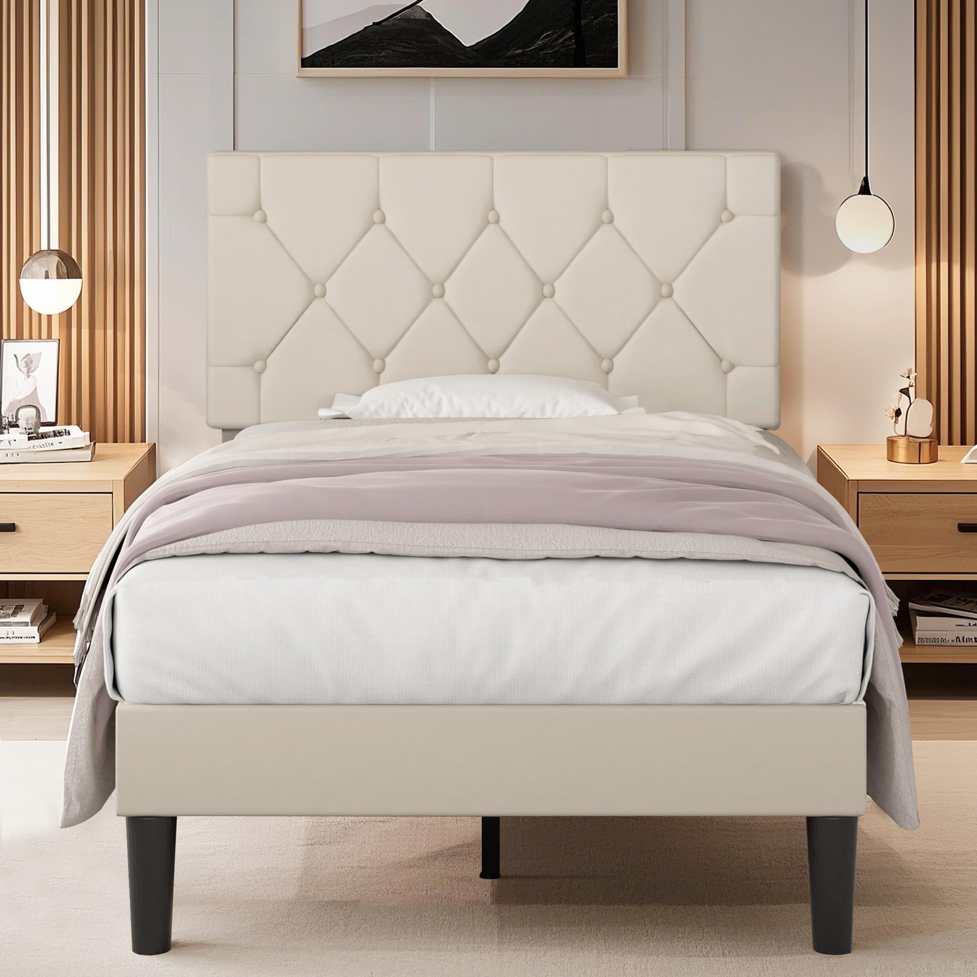 VECELO Twin Size Bed Frame with Button Tufted Headboard, Upholstered Platform Bedframe with Wood Slat Support, No Box Spring Needed, Dark Beige