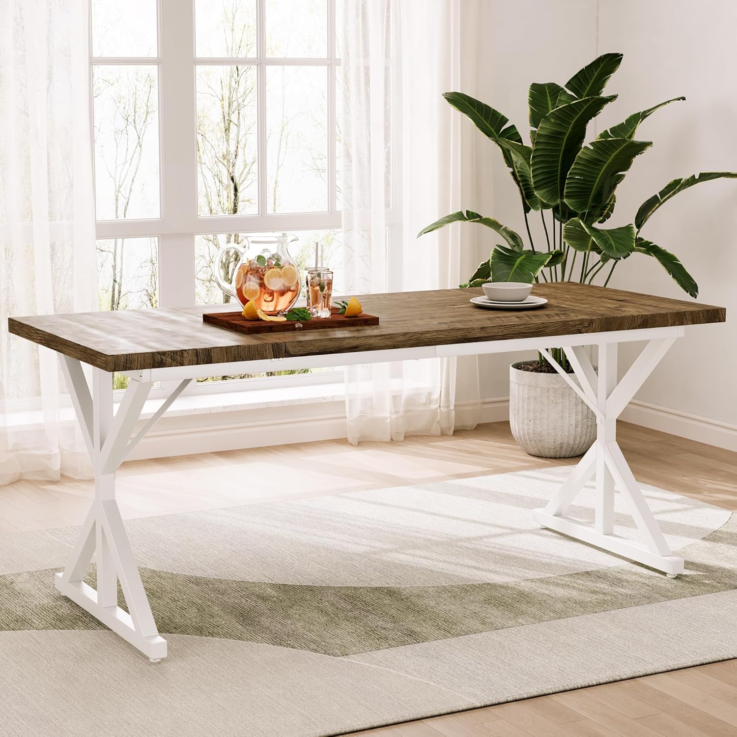 70.8 Inch Rectangular Dining Table for 6-8 People, Farmhouse Kitchen Table with Metal Base & Solid Wood Top, Easy Assembly, Water-Resistant, for Dining Room & Kitchen, Natural & White