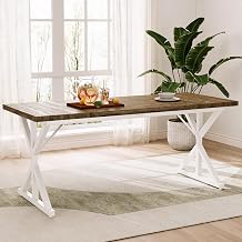 70.8 Inch Rectangular Dining Table for 6-8 People, Farmhouse Kitchen Table with Metal Base & Solid Wood Top, Easy Assembly, Water-Resistant, for Dining Room & Kitchen, Natural & White