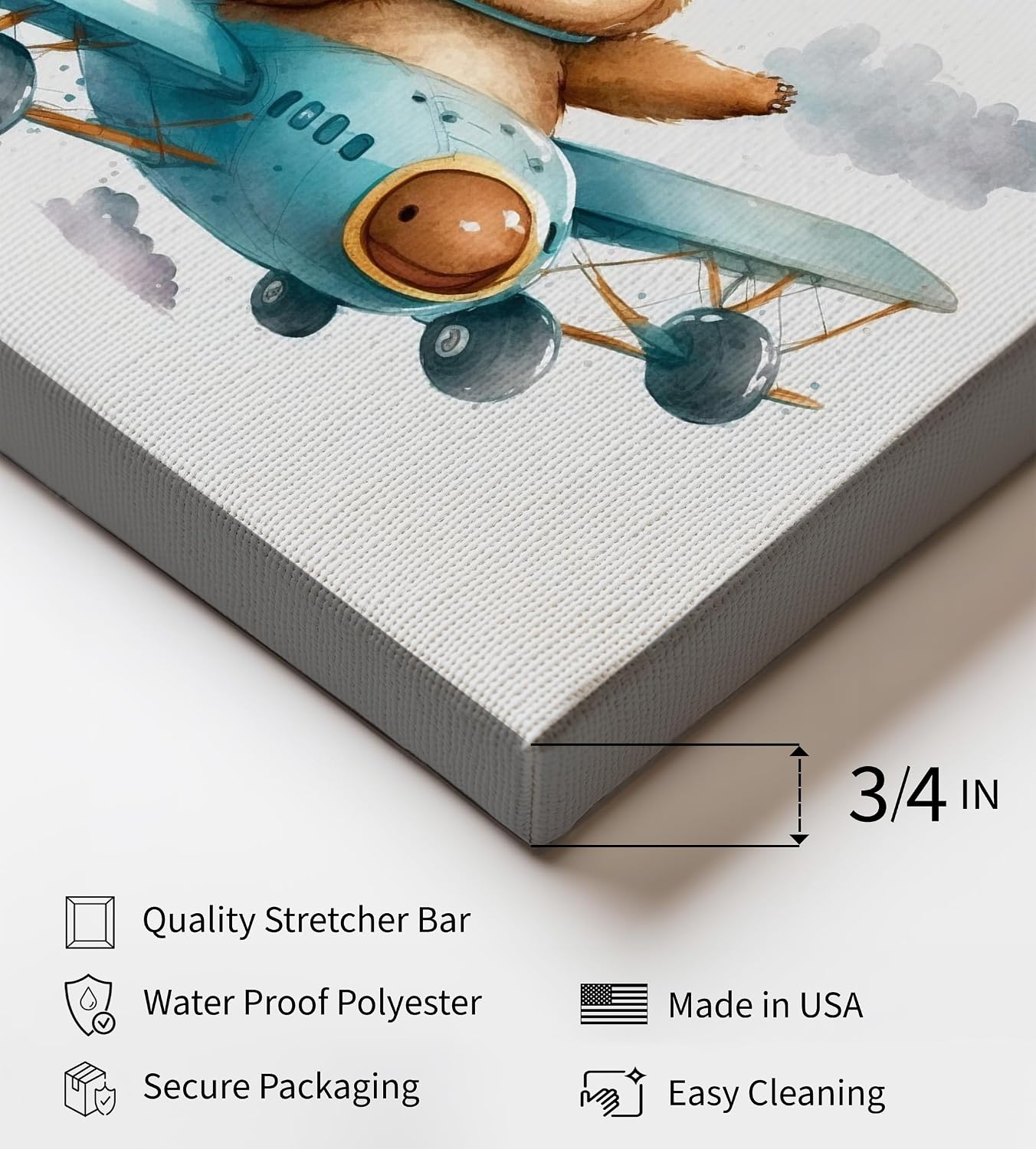 Poster Master Teddy Bear Pilot Canvas - Teddy Bear Print - Airplane Art - Minimal Gift for Kids & Parents - Decor for Bedroom, Nursery or Kid's Room - 8x10 STRETCHED Canvas