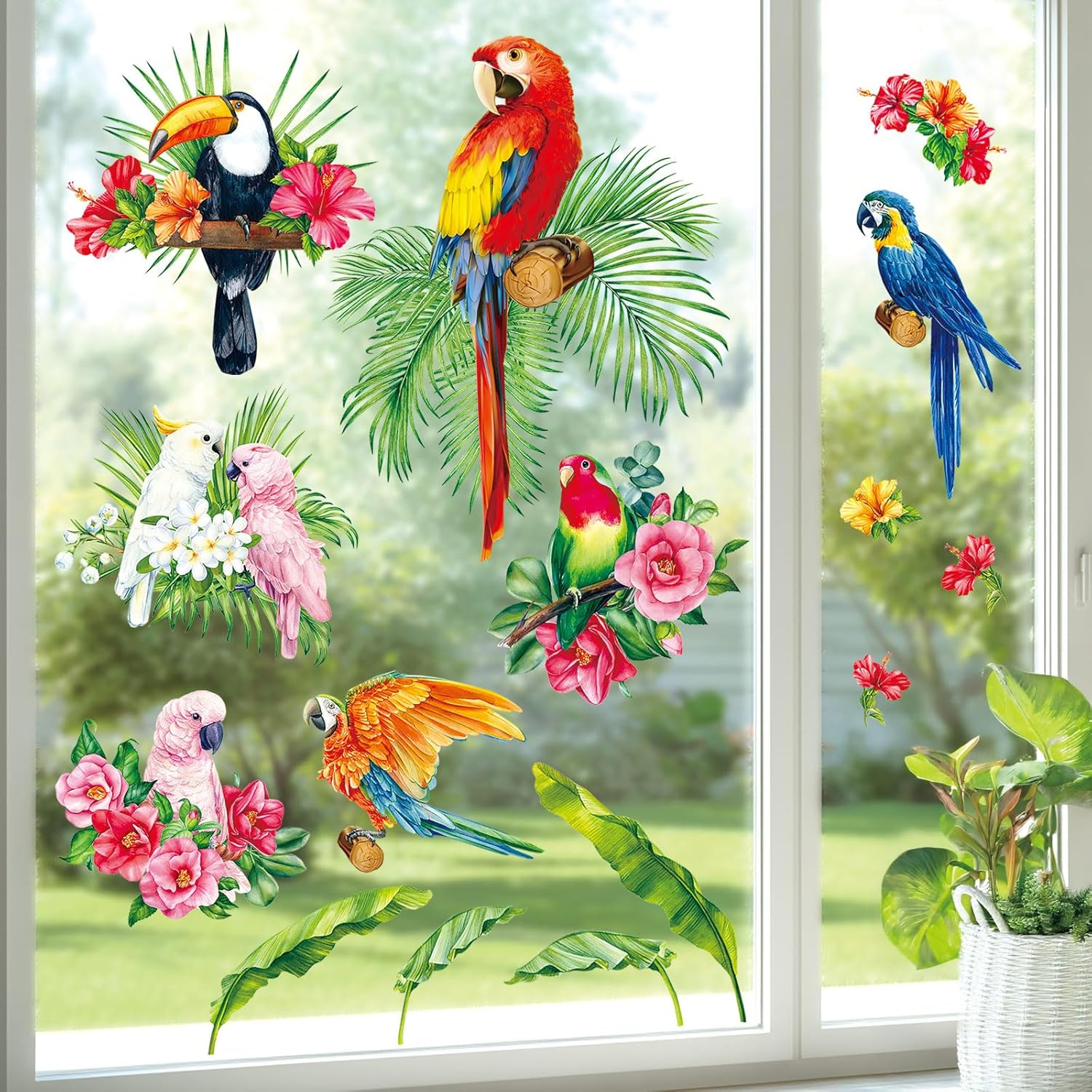 BASHOM SG2-108 Tropical Plants Parrot Wall Decals Green Leaf Birds Watercolor Stickers for Kids for Nursery Bedroom Living Room Art Home Decor Murals Removable