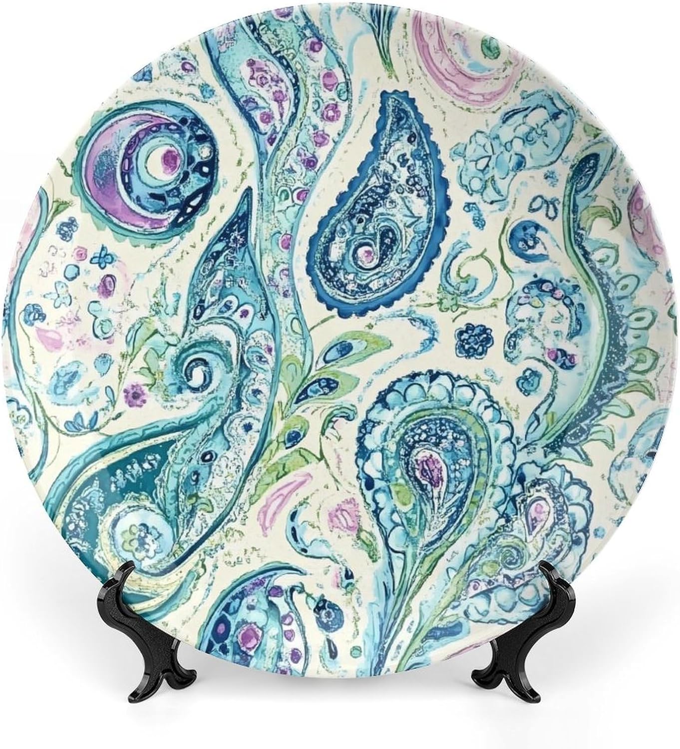 Paisley Pattern Blue Green Decorative Plates for Display Ceramic Plate Tray with Stand Hanger Home Decor