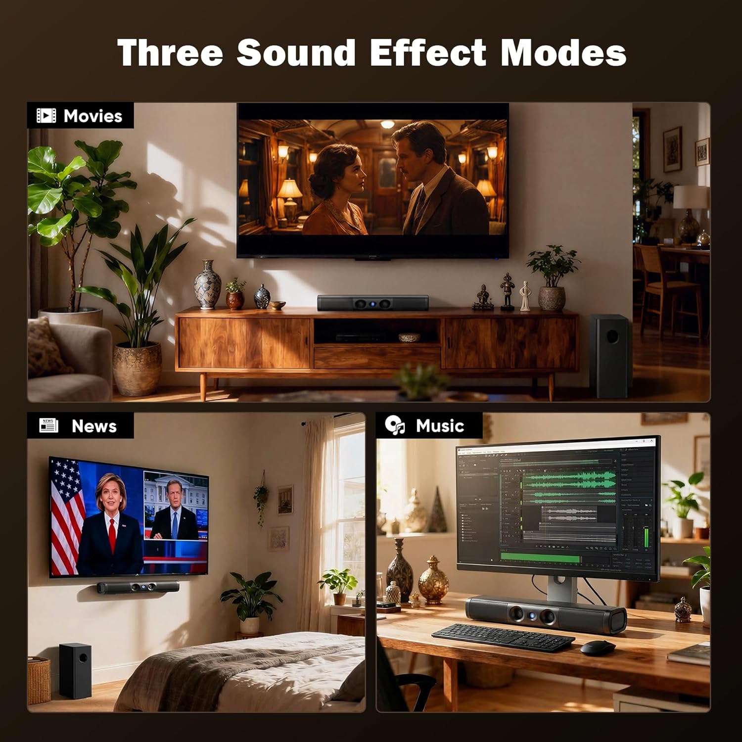 Sound Bar for Smart TV,3.1ch Soundbar with Wired Subwoofer,100W Deep Bass, TV-ARC/Optical/AUX/Bluetooth 5.3 Connect, Surround Sound System for TV PC/Gaming/Projectors - Image 6