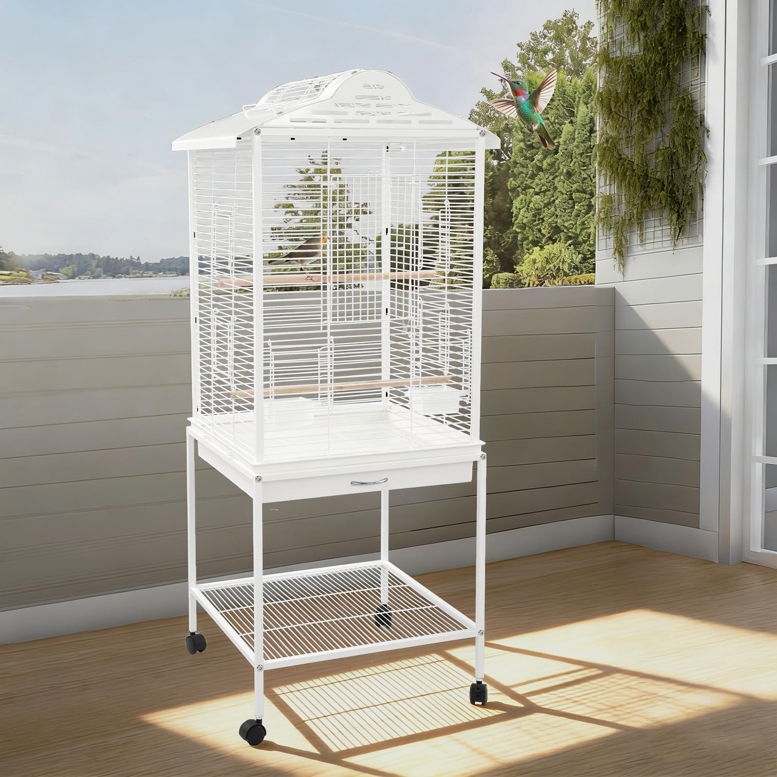 Vogelkäfig Wellensittich Groß mit Rollen 122 cm, Voliere für Sittiche & Papageien, Freisitz Dachöffnung, Herausziehbare Schublade, Futternäpfe, Vogelvoliere Innenraum mit Ablagefach, 48 × 46 × 122 cm
