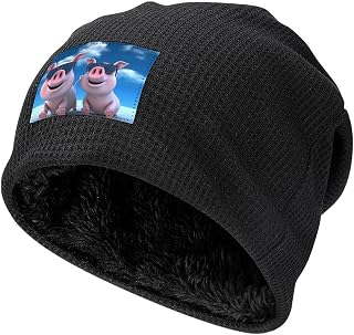 Slouchy Knit Beanie Cuffed Funny Pig Skull Cap Soft Fleece Lined Winter Hat for Cold Weather