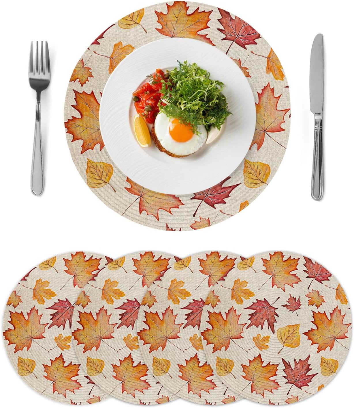 Round Braided Placemats Set of 4 Thanksgiving Maple Leaves