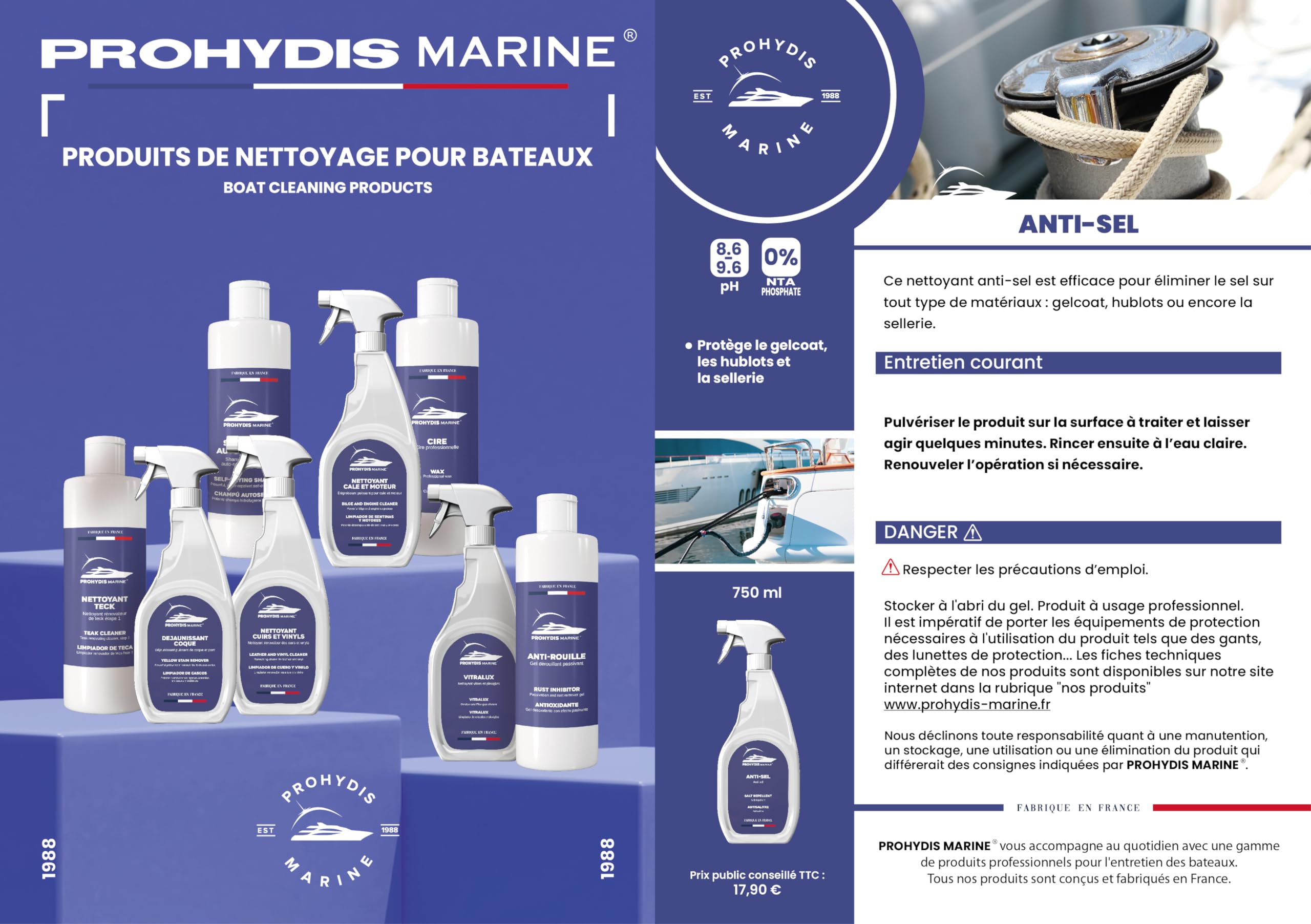 Anti-SEL/Produits D'HYGIENE pour Bateaux/Protège Le gelcoat, Les hublots et la sellerie/Conçu et fabriqué en France