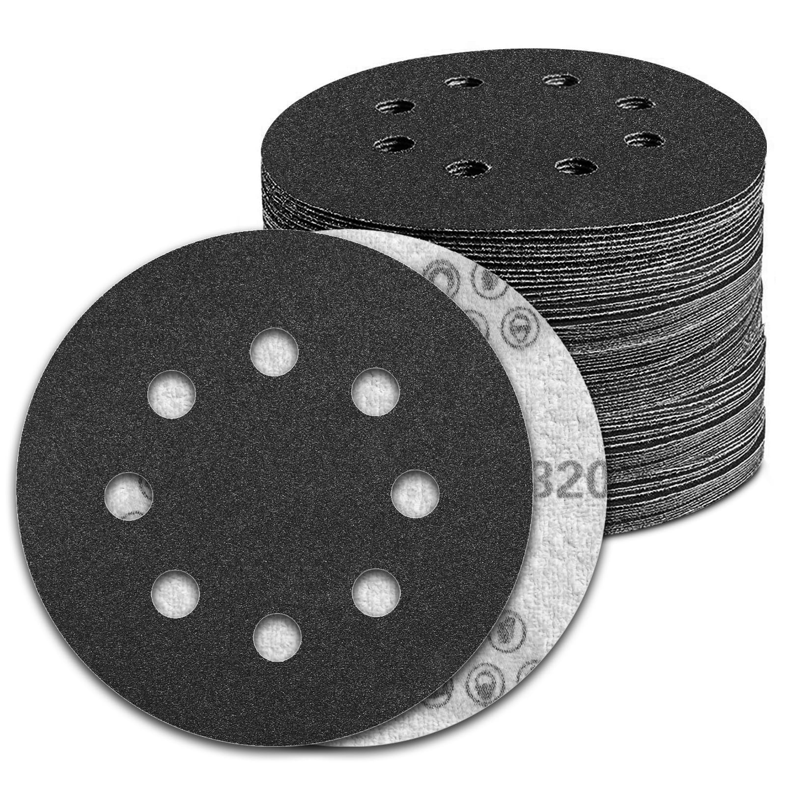 KONGMING 100 PCS 125mm Wet Dry Sanding Discs 8 Hole Grit 320 Hook and Loop Silicon Carbide Sandpaper for Random Orbital Sander