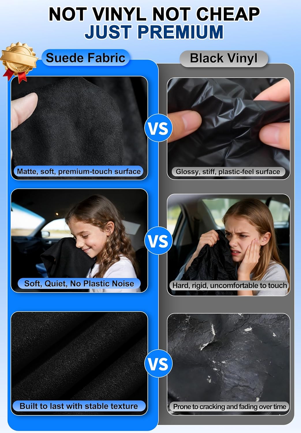 ZATOOTO Suede Car Window Shades 4PCS - Car Window Covers for Ultimate Privacy, UV Protection, and Heat Insulation, Side Window Sun Shade Perfect for Camping, Travel, Baby Safety, and Daily Use Black Suede Flat–Full Set 4PCS
