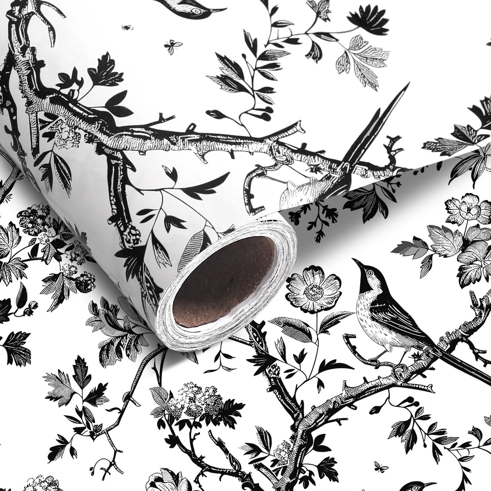 1 Roll Black Floral Bird Wrapping Paper Mini Roll 17in x 32.8Ft Black White Flowers Bird Pattern Gift Wrap Paper for Birthday Wedding Baby Shower Party Wrapping Supplies