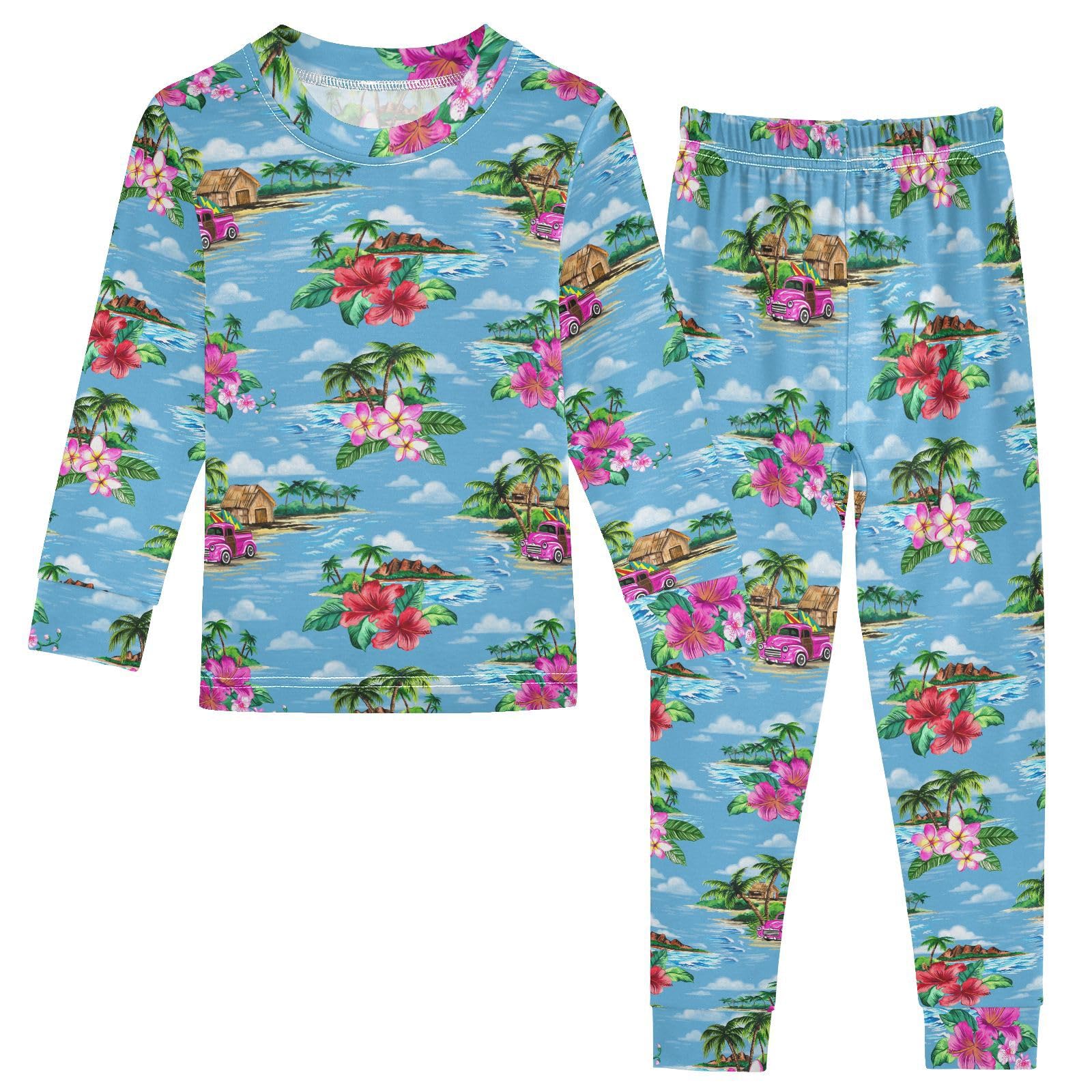 JHKKU Vintage Hawaiian Tropical Pajamas Set Cotton 2 Piece Soft Comfy Pjs Long Sleeve Lounge Sleepwear 18M