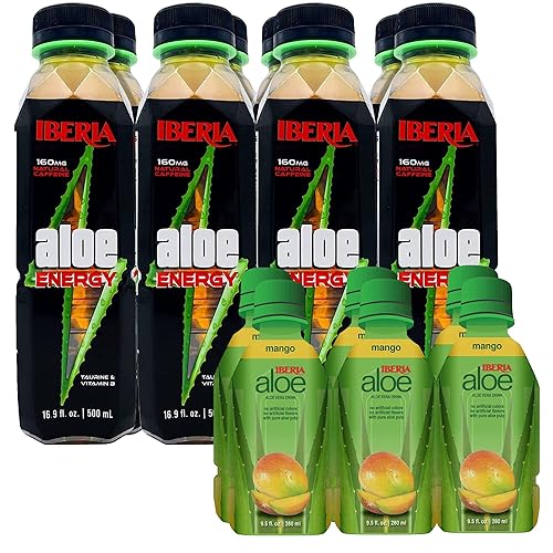Iberia Bebida energética de aloe vera, 16.9 onzas líquidas (paquete de 8)) + bebida de jugo de aloe vera Iberia Mango, 9.5 onzas líquidas (paquete