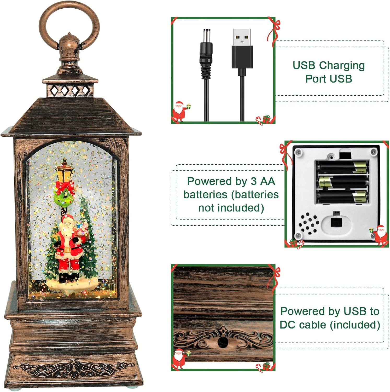 Christmas Snow Globes,Christmas Snow Globe Lantern with Music, USB Powered or Battery Powered, Spinning Glitter Christmas Musical Snow Globe for Thanksgiving Christmas Decorations Indoor