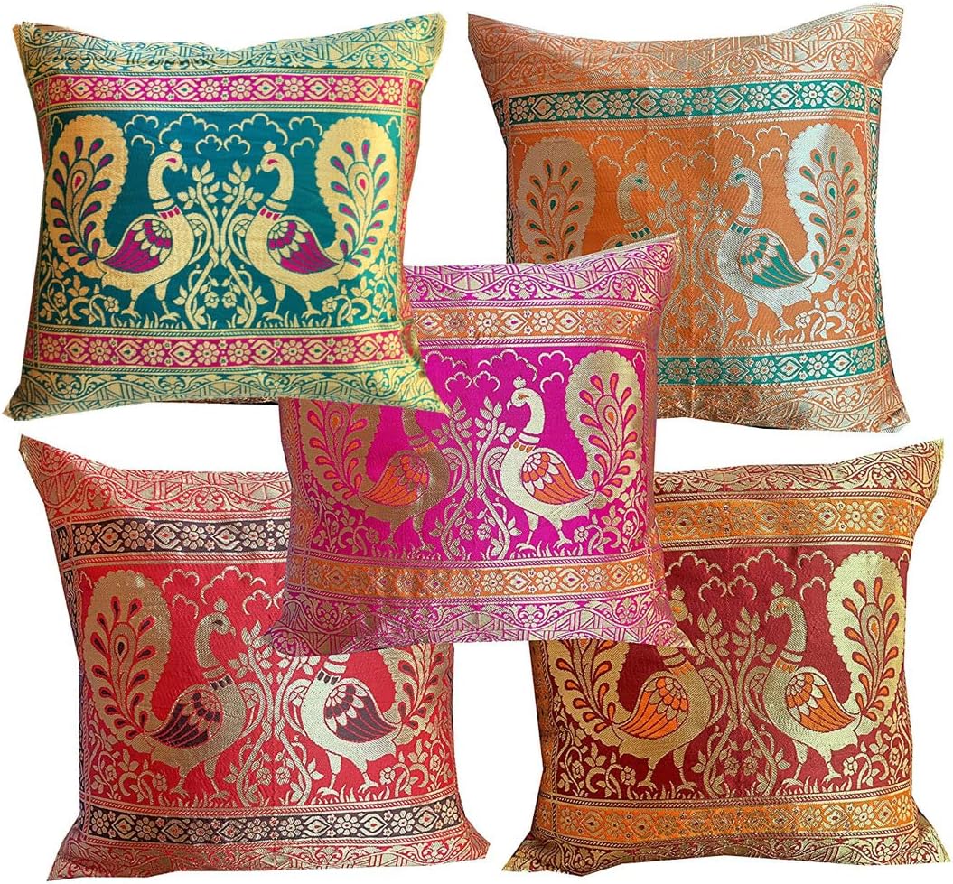 PINK PARROT Dopian Silk Multicolour Throw Pillow Covers/Cushion Covers (16X16 Inches) - Set Of 5-00Ab4, 200 TC