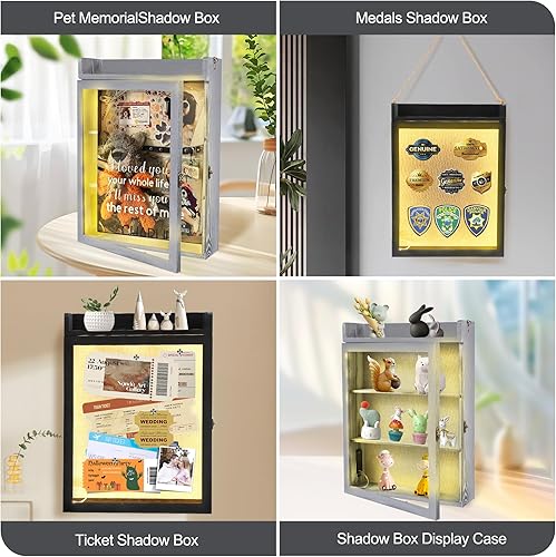 Vista 21 de Marco de caja de sombra de 11 x 16 pulgadas con luz, vitrina conmemorativa con estantes, cajón y ranura para recuerdos, caja grande de sombra Negro