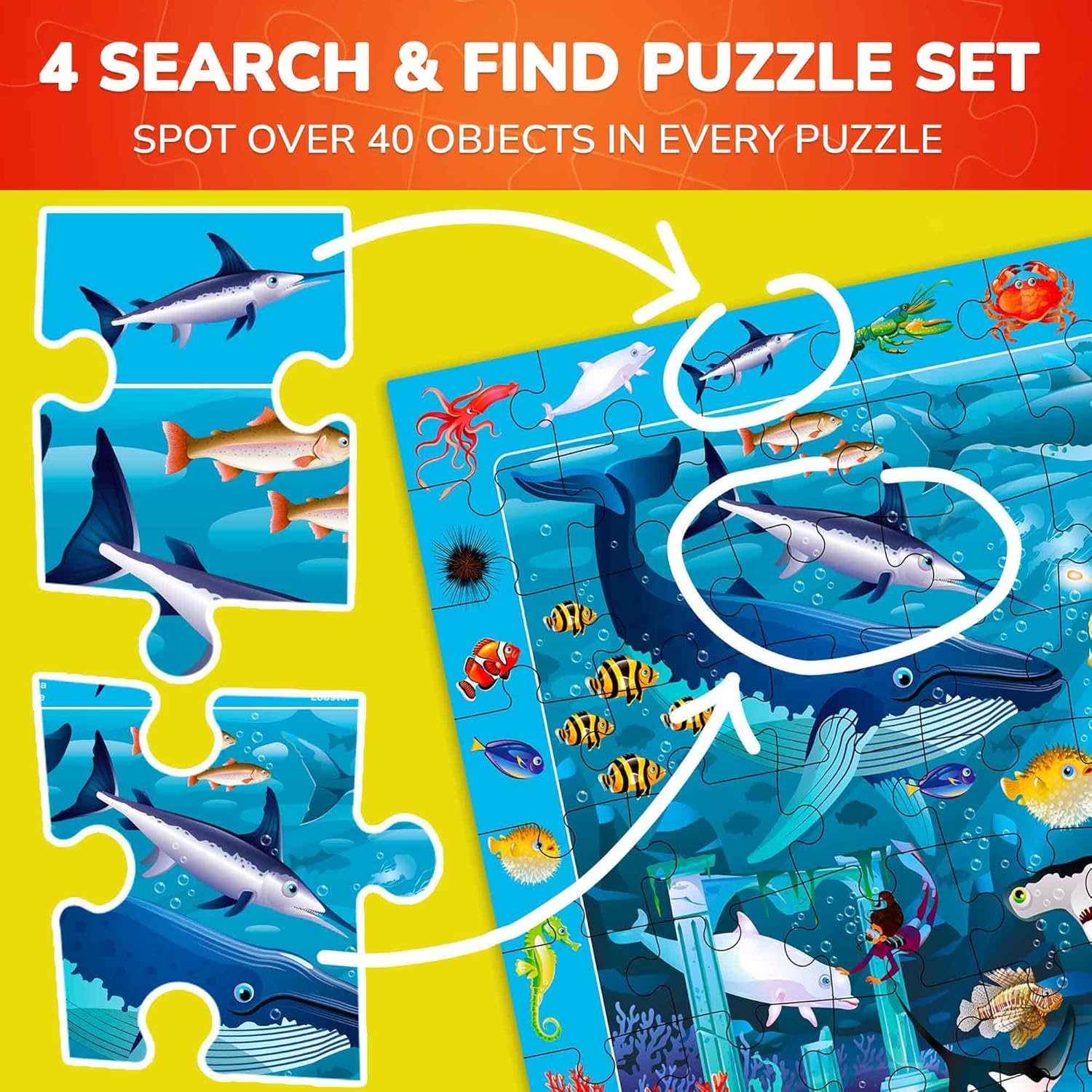 QUOKKA 100 Piece Puzzles for Kids Ages 4-6 - 4 Jigsaw Puzzles for Kids Ages 6-8 - Search and Find Game with Animals, Dinosaurs for Childrens 5-8 - Learning Educational Toys for Boys and Girls 8-11