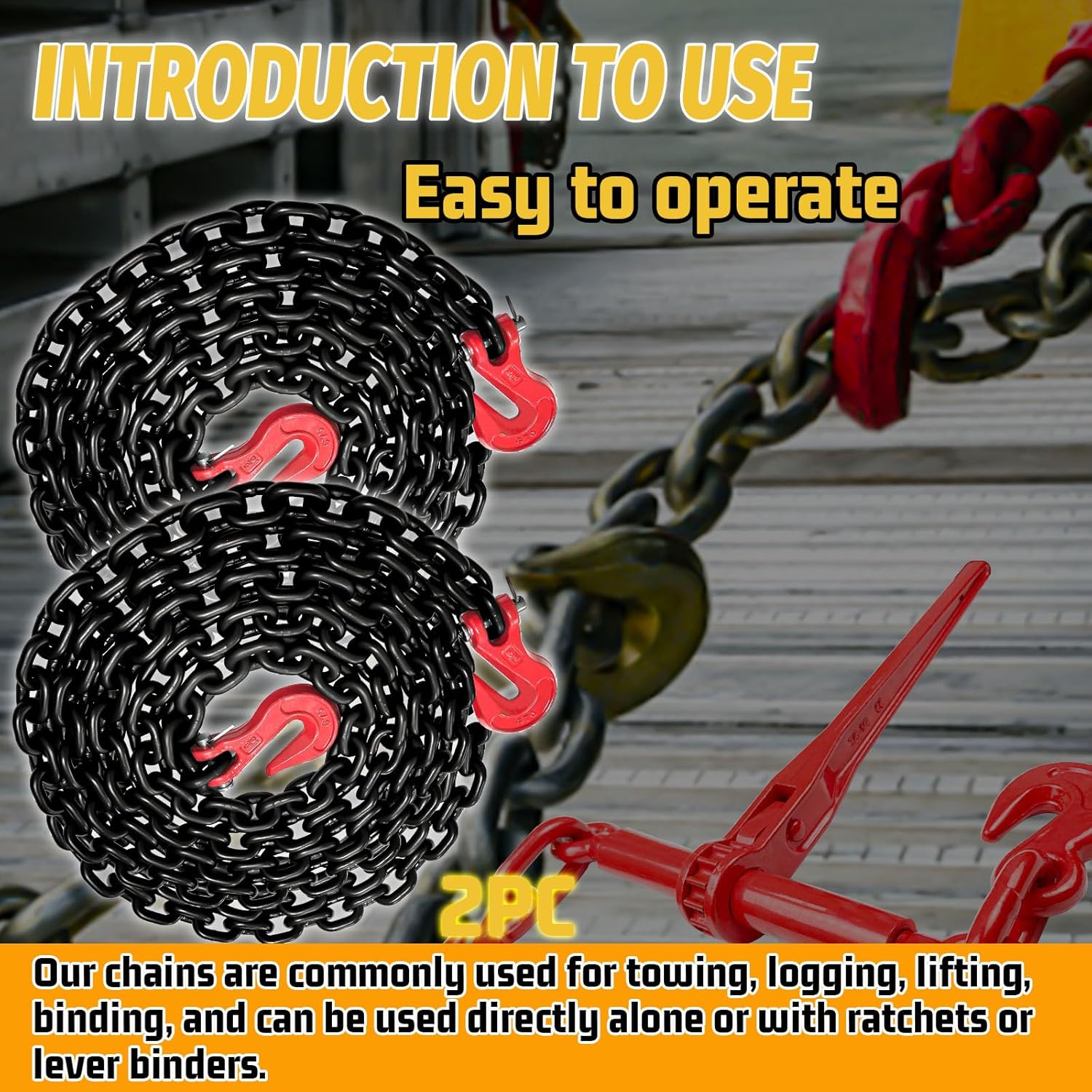 2 Pack G80 Transport Binder Chain with 20 Foot,Tow Chains with 5/16 Inch Safety Clevis Snap Hooks Heavy Duty 4900 Lbs Break Strength,Tie Down Trailer Safety Chain Extension (Oiled Black)
