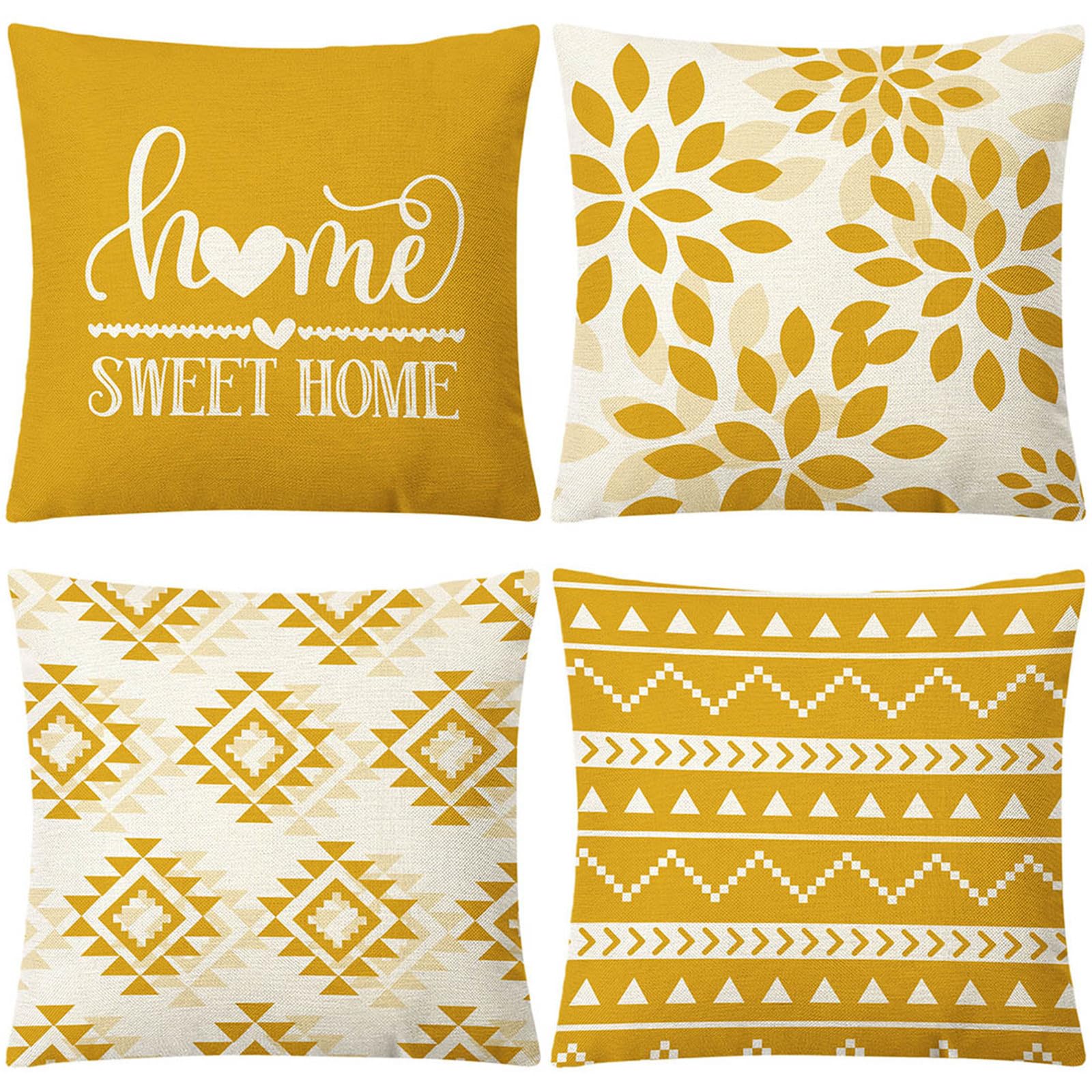 Housse coussin 50x50cm jaune en lin lot de 4 pour canapé