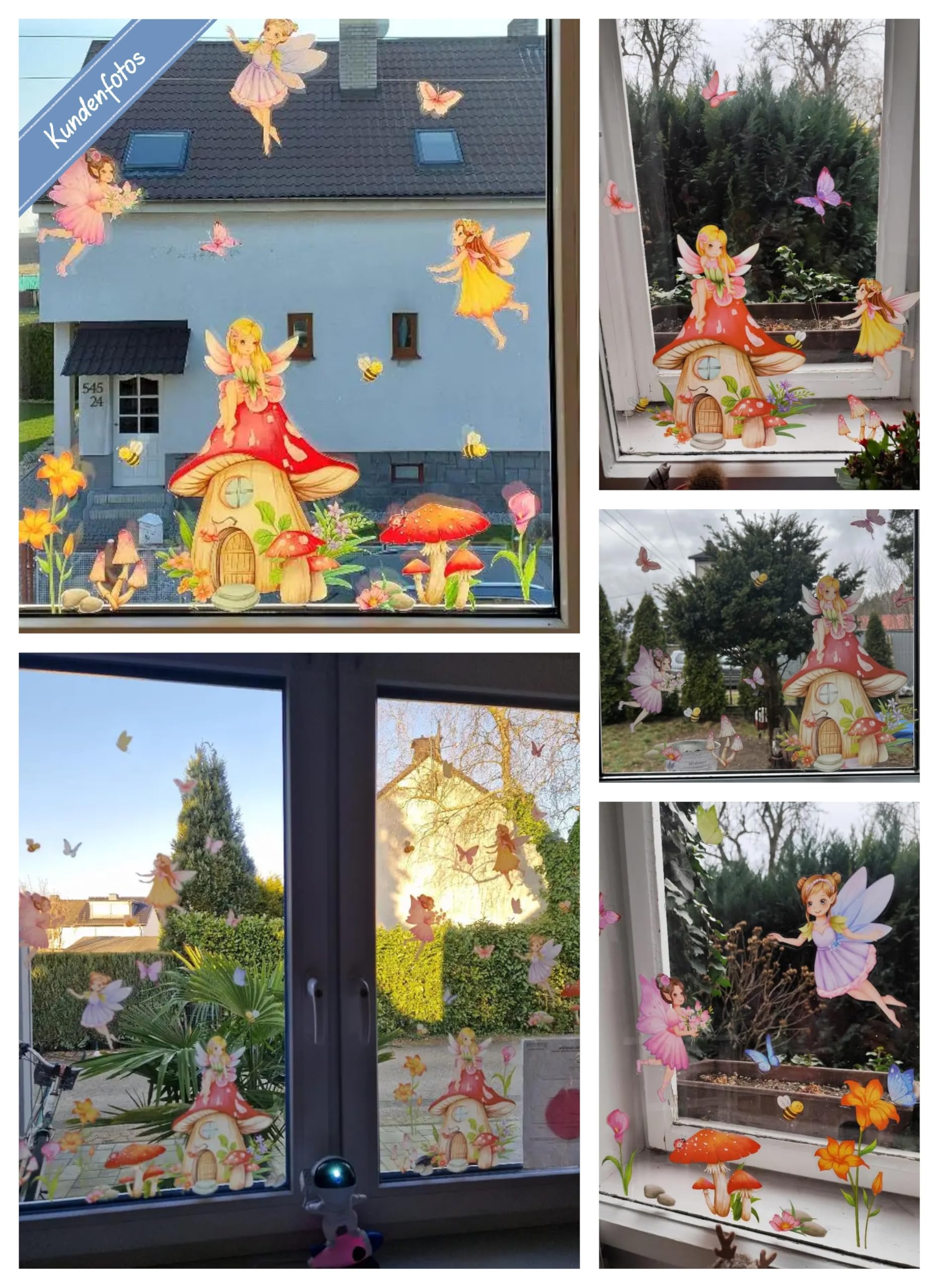 WandSticker4U®- Pegatinas ventanas niña HADAS y CASA de SETAS rosa (80x43 cm) I Vinilo adhesivo infantil ventana flores hadas elfos princesa I Decoración ventana habitación niña bebé primavera GRANDE
