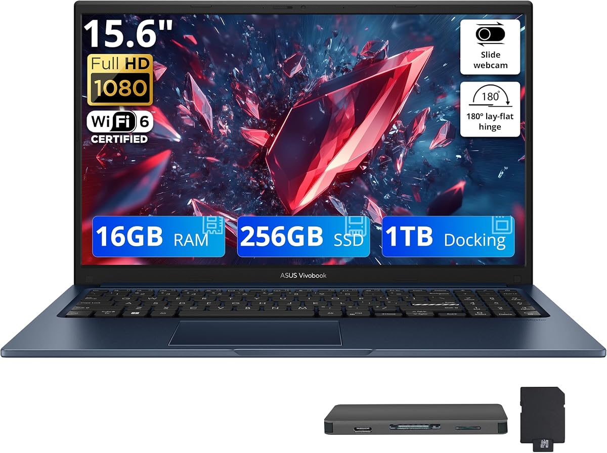 Portátil empresarial ASUS Vivobook FHD de 15,6", Intel Core 3 100U, 16 GB DDR5, almacenamiento de 1,25 TB (SSD de 256 GB + conjunto de estación de acoplamiento de 1 TB), gráficos Intel, teclado numérico, cámara web de 720p, Wi-Fi 6, Win 11, azul silencioso