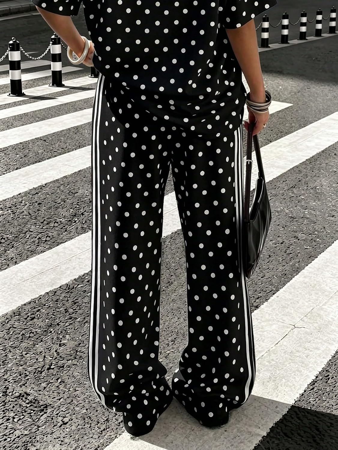 Women's Wide Leg Pants Elastic Waist Polka Dots Stripe Pants | Vacation Outfits with Pockets Going Out Fashion Palazzo Bottoms