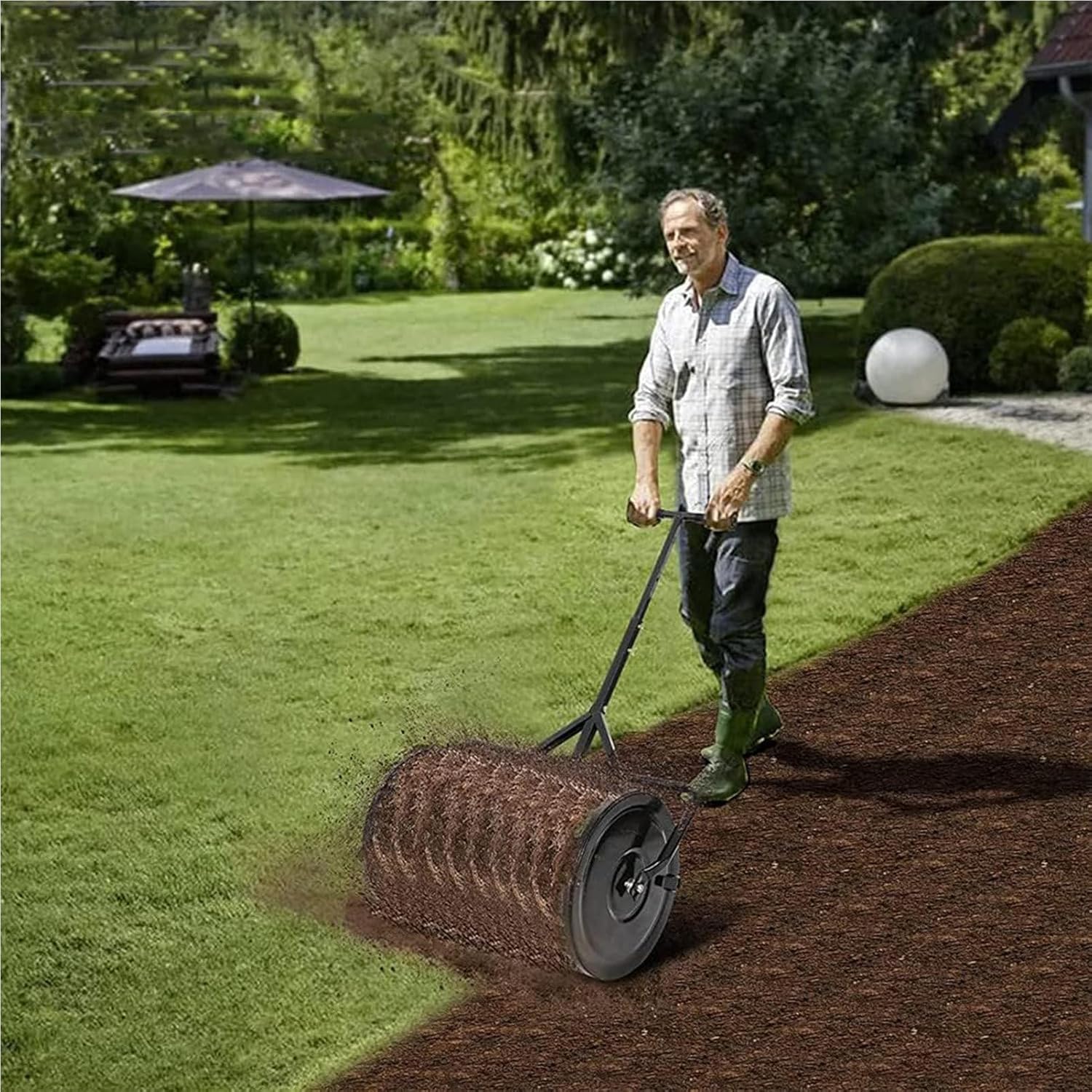 Compost Peat Moss Spreader, Heavy Duty Metal Mesh Spreader with Adjustable Handle for Fertilizer, Topsoil, Planting, Seeding, Lawn, Garden and Yard, Green.,Black-Separate32x60cm