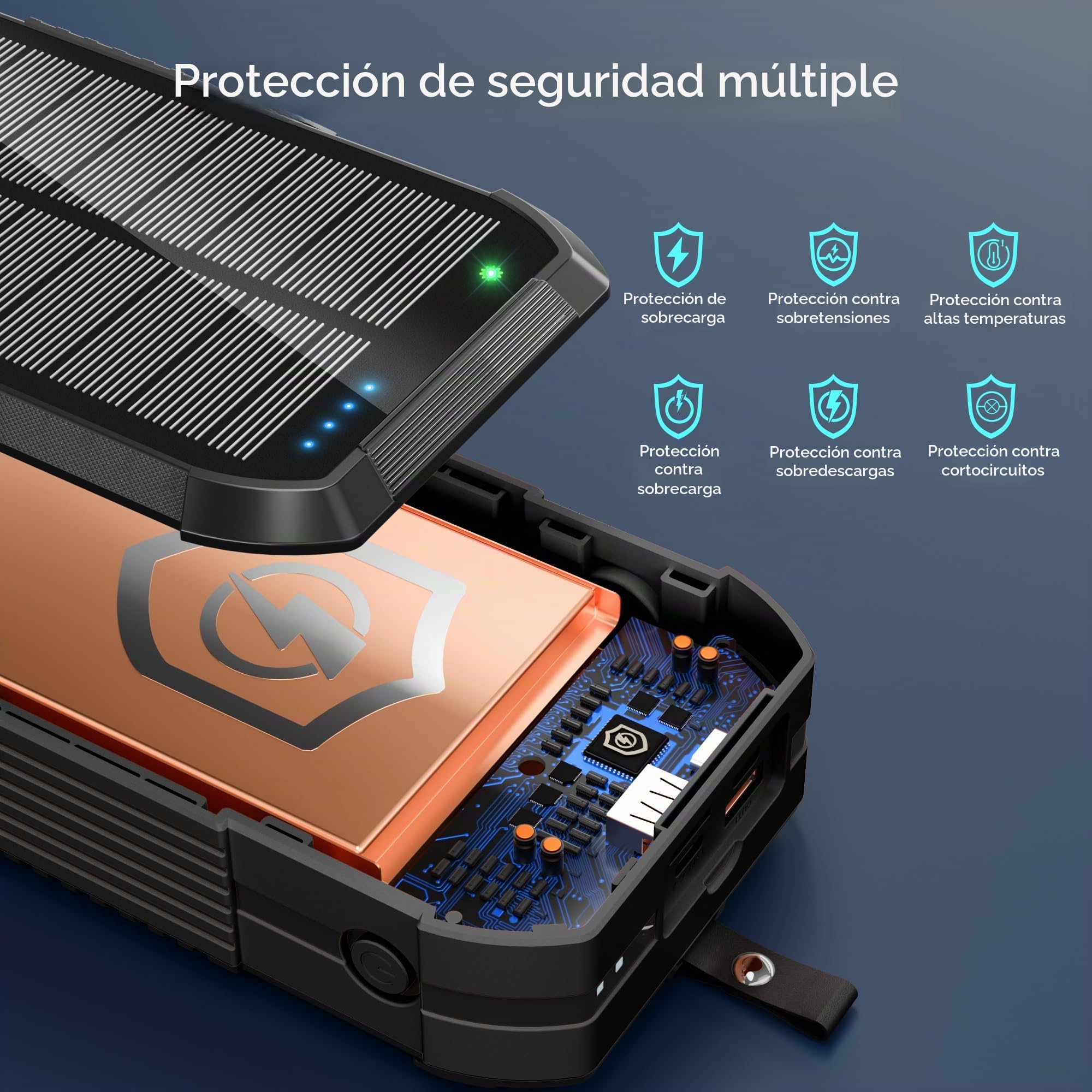 Solar Charger Power Bank 70000mAh Construido en 2 Cables y Manivela, Cargador Portátil 22.5W Cargador Rápido 6 Salidas y 4 Entradas Batería Externa con Linterna Brillante y Brújula
