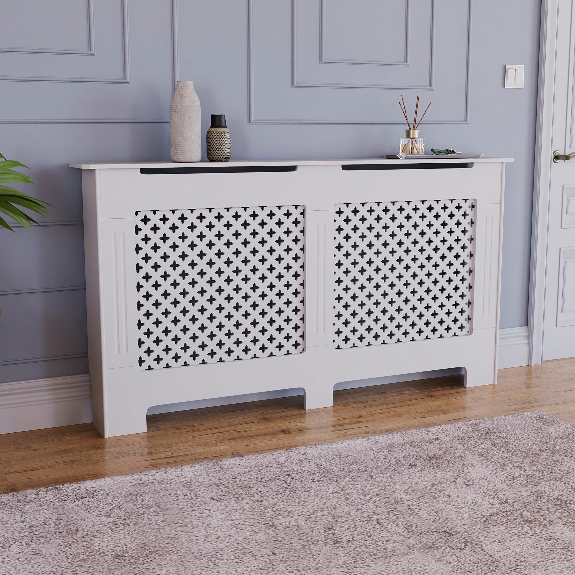 Vida Designs Oxford Radiator Cover White - Large - Traditional Cross Pattern Design for Optimal Heat Circulation - H82xW152xD19cm - Painted MDF Cabinet Ideal For Living Room & Hallway