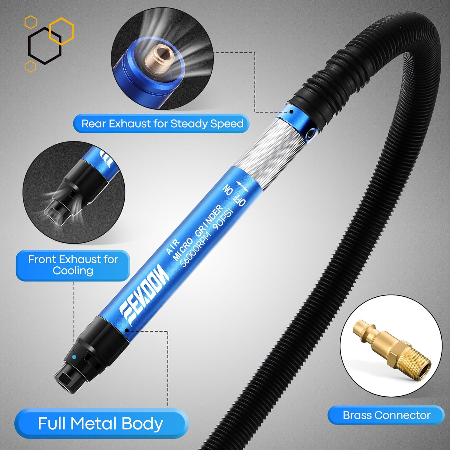 Feekoon 1/8" Pneumatic Pencil Die Grinder, 56, 000 RPM Air Micro Grinder Tool with 1/4" NPT, High Speed Multi Purpose Tool for Mold Polishing, Metal Deburring, Engraving, Brake Caliper Cleaning