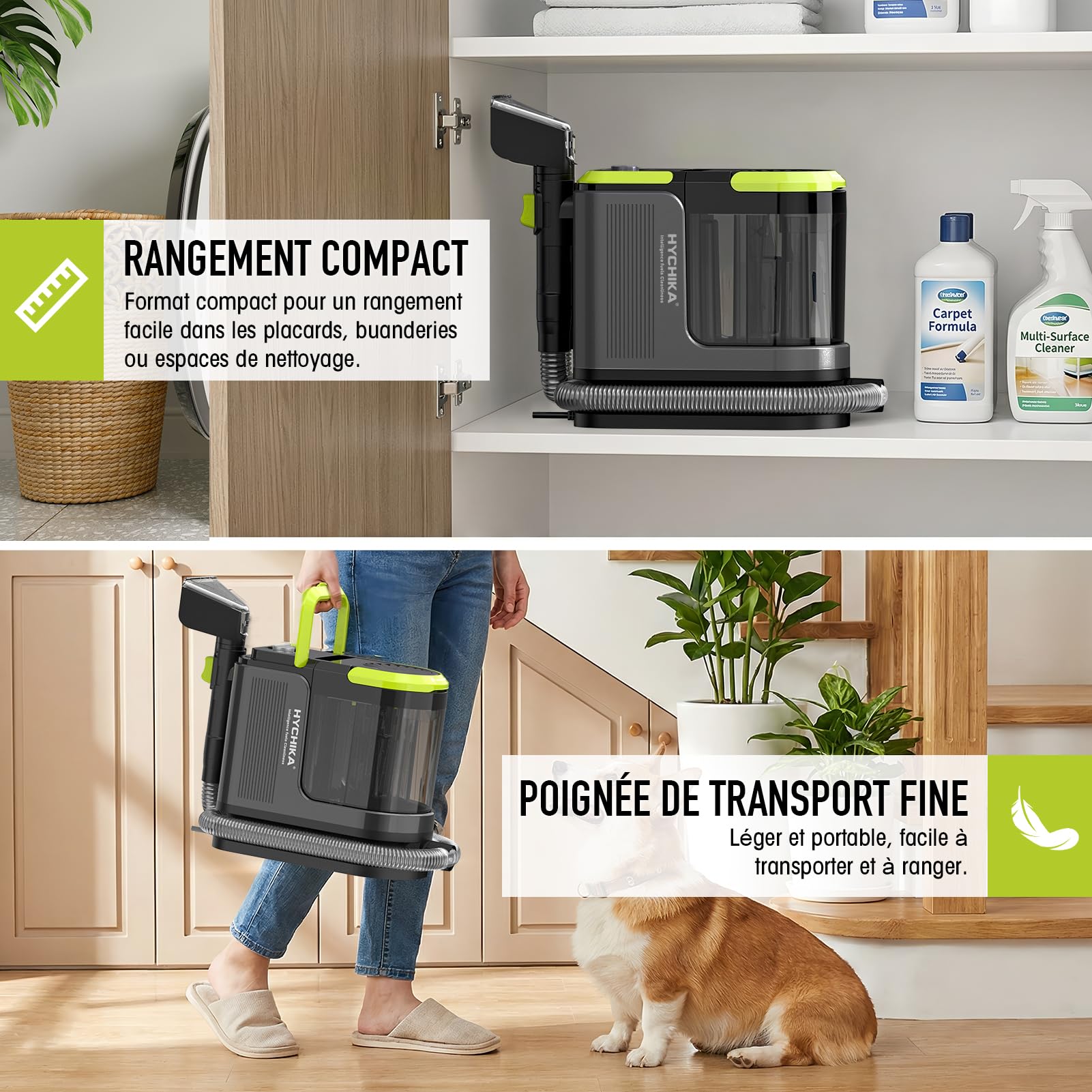 HYCHIKA Shampouineuse Canapé, Nettoyeur Canapé Tissu 1800W, 17 kPa Injecteur Extracteur Portable, avec Double Réservoir et Auto-Nettoyage, pour Tapis/Coussins/Sièges Auto, Familles Animaux