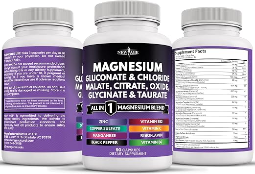 NEW AGE Magnesium Supplement -Powerful Glycinate Citrate Malate Oxide Taurate Aspartate Gluconate Orotate & Mag Chloride Manganese, Joint Support- 180 Count