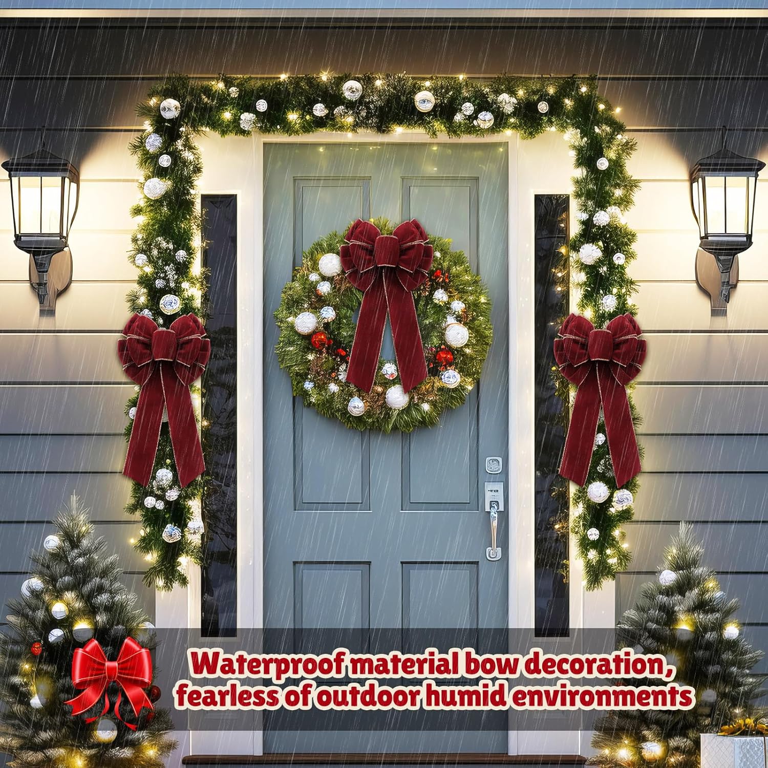 Suncalla 6 Pcs Burgundy Bows 8" x 16" for Christmas Tree, Large Christmas Velvet Bows with Gold Border Waterproof Indoor Outdoor Xmas Tree Elegance Craft for Garland Swags Lantern Outdoor Craft Decor