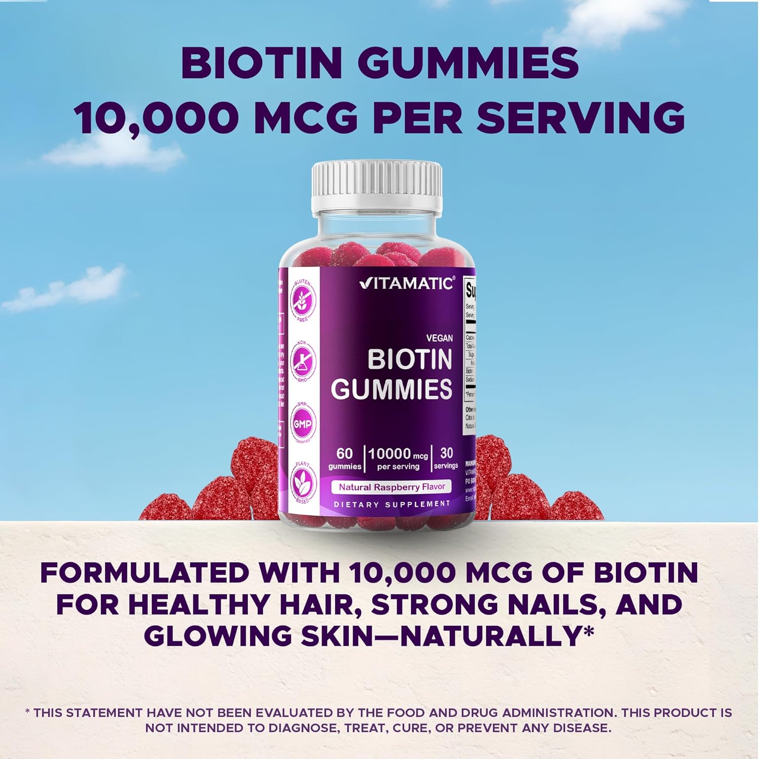 Vitamatic Biotin Gummies 10,000 mcg for Stronger Hair, Skin & Nails - 60 Vegan Gummies - Also Called Vitamin B7 (6 Bottles) - Image 6