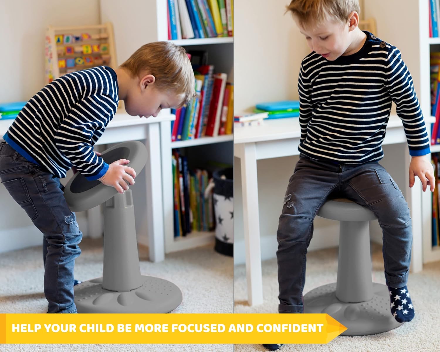 Studico ActiveChairs Kids Wobble Stool, Flexible Classroom Seating Improves Focus, Posture & Helps ADHD/ADD. Get The Wiggles Out Active Fidget Chairs, Preschool | Elementary 14" Chair, Ages 3-7, Gray