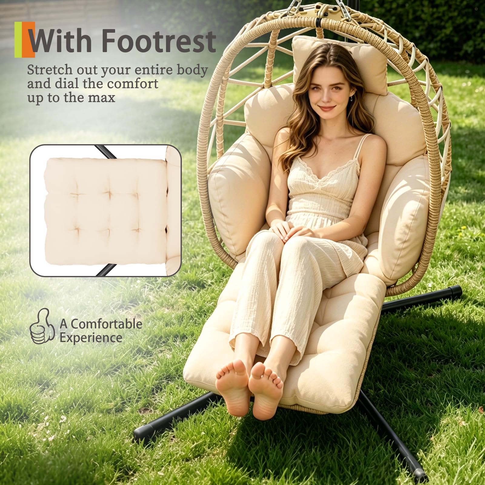 Silla colgante con estructura, cesta colgante con reposapiés y cojín grueso, sillón colgante de ratán, muebles para jardín, balcón, salón, soporta hasta 160 kg (beige)